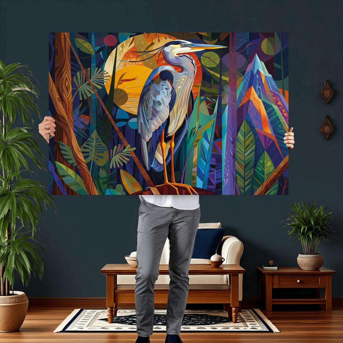Colorful Heron Wall Art Canvas Print Tropical Bird Abstract