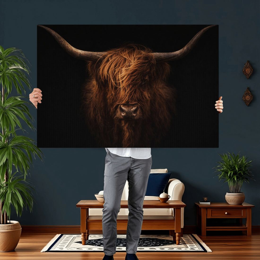Highland Cow Wall Art Canvas Print | Moody Dark Rustic Farmhouse Portrait