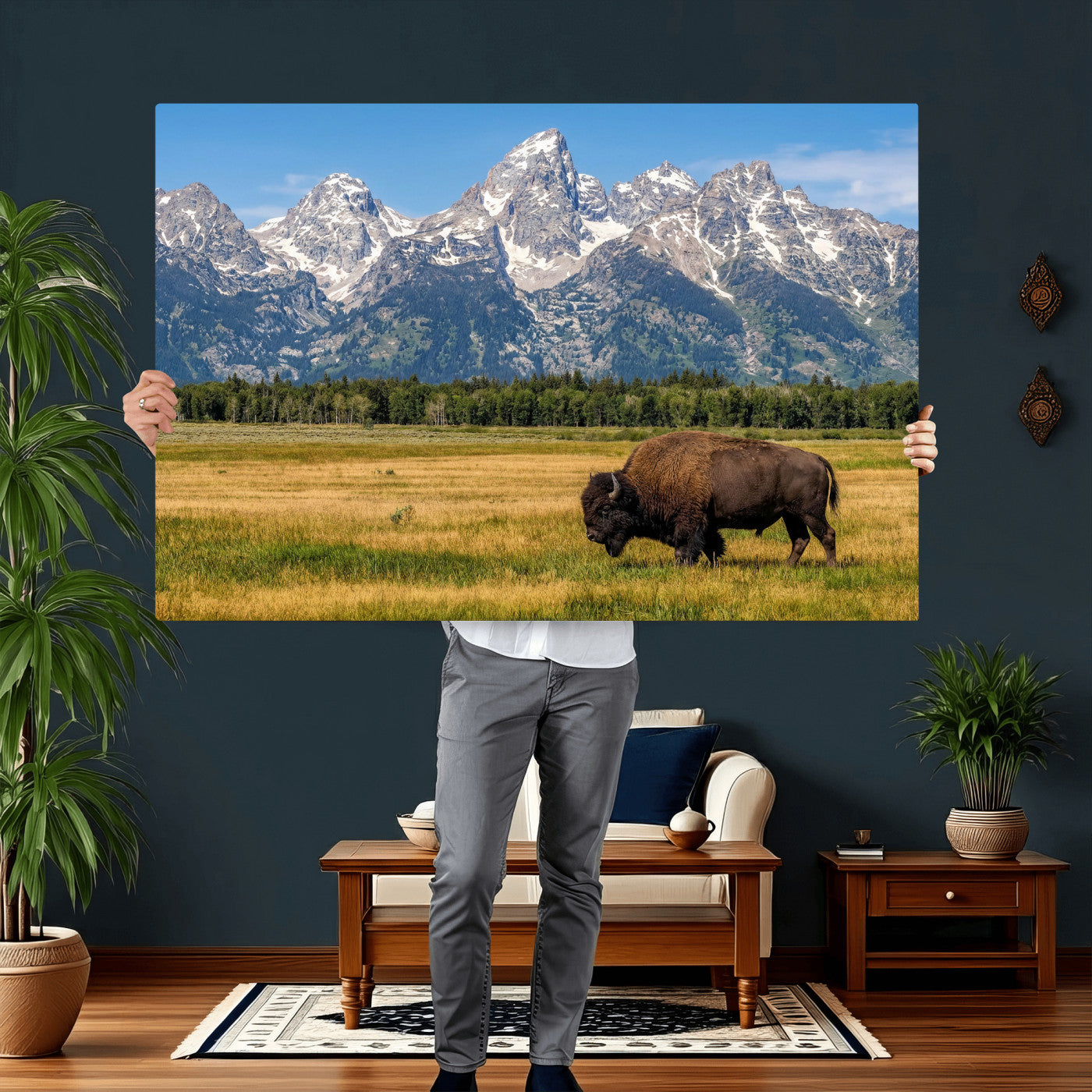 20424529-MGV-CV-36X24 - Bison in Mountain Landscape Wall Art Canvas Print – Western Wildlife Artwork for Rustic Living Room Decor
