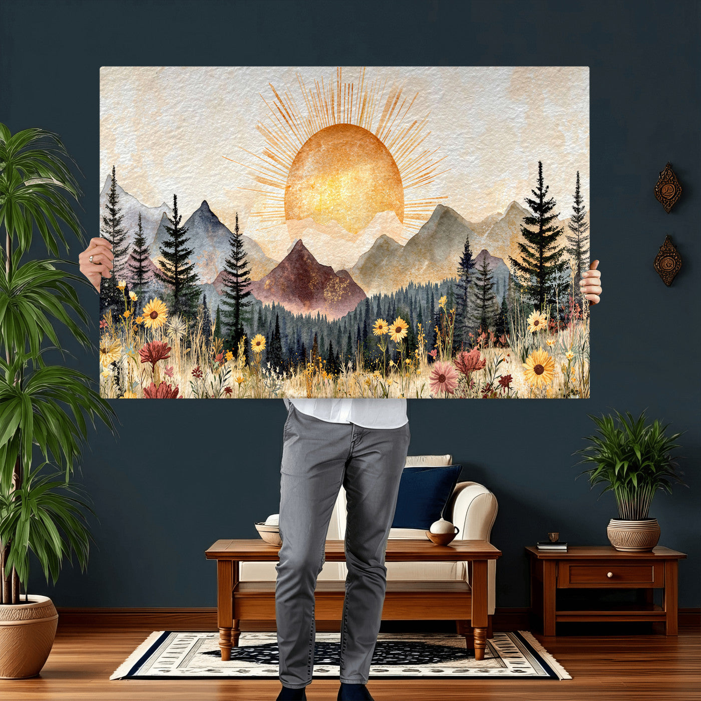 69025244-MGV-CV-36X24 - Boho Mountain Landscape Large Wall Art, Horizontal Gold Framed Canvas Print with Sun and Flowers