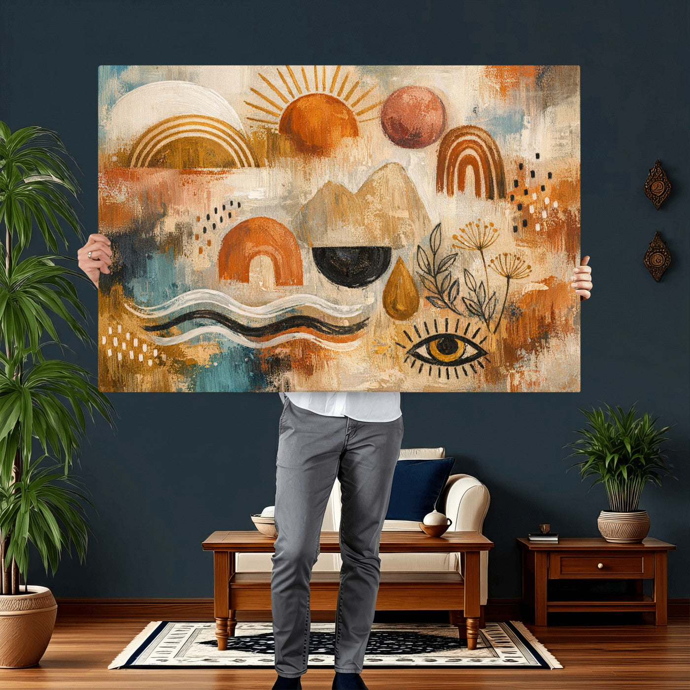 52155239-MGV-CV-36X24 - Geometric Boho Abstract Wall Art Canvas Print, Orange Blue Abstract Expressionist Painting Print, Modern Geometric Abstract Canvas Art