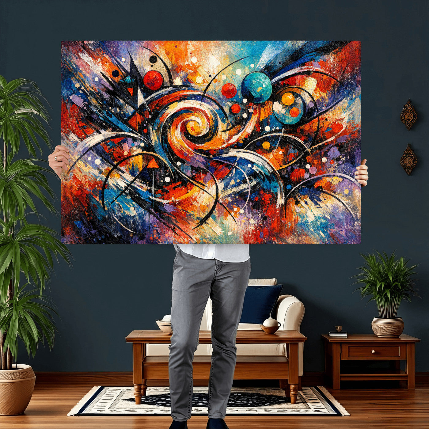 60193267-MGV-CV-36X24 - Geometric Abstract Wall Art Canvas Print, Orange Blue Abstract Expressionist Painting Print, Modern Geometric Abstract Canvas Art
