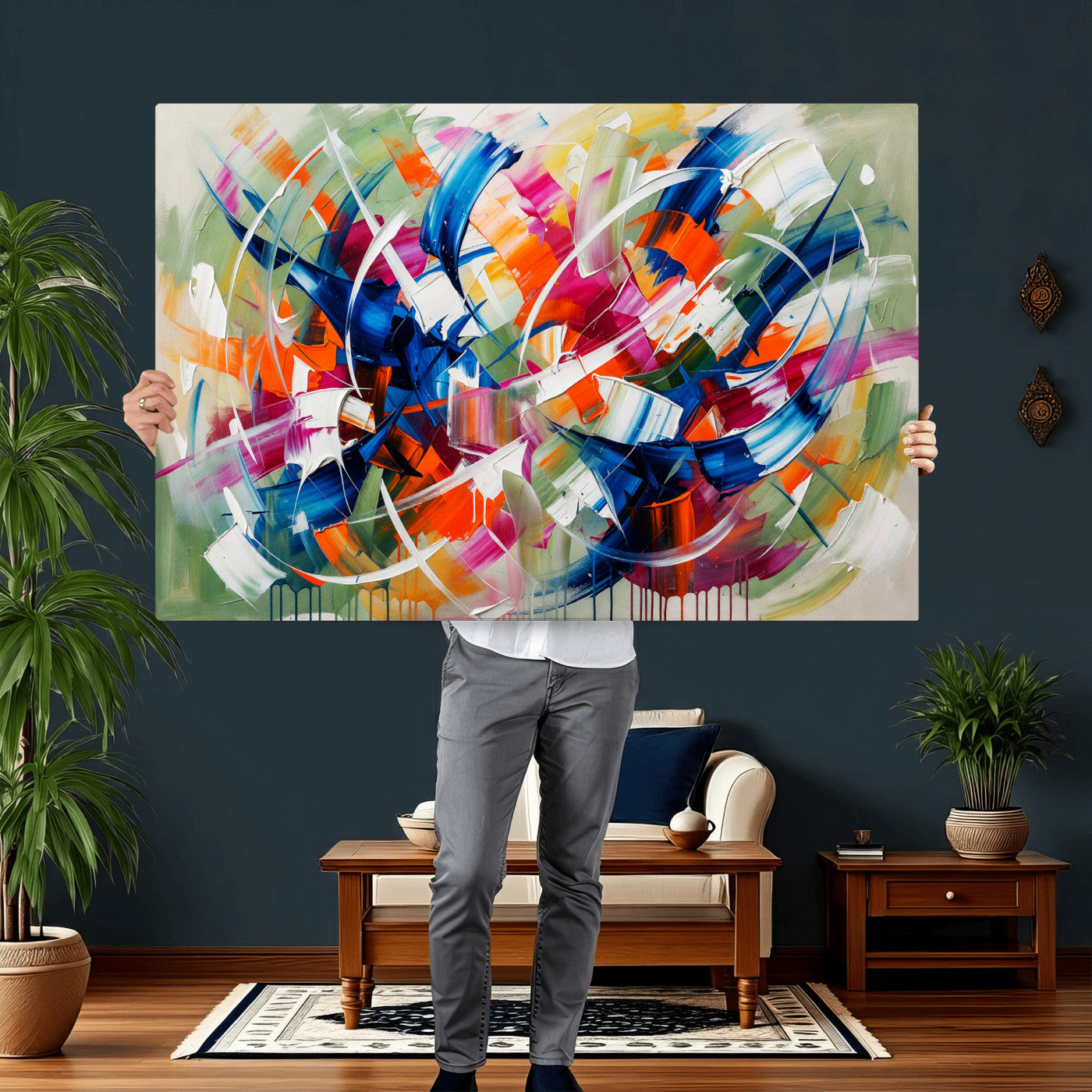 15032888-MGV-CV-36X24 - Geometric Abstract Wall Art Canvas Print, Orange Blue Abstract Expressionist Painting Print, Modern Geometric Abstract Canvas Art