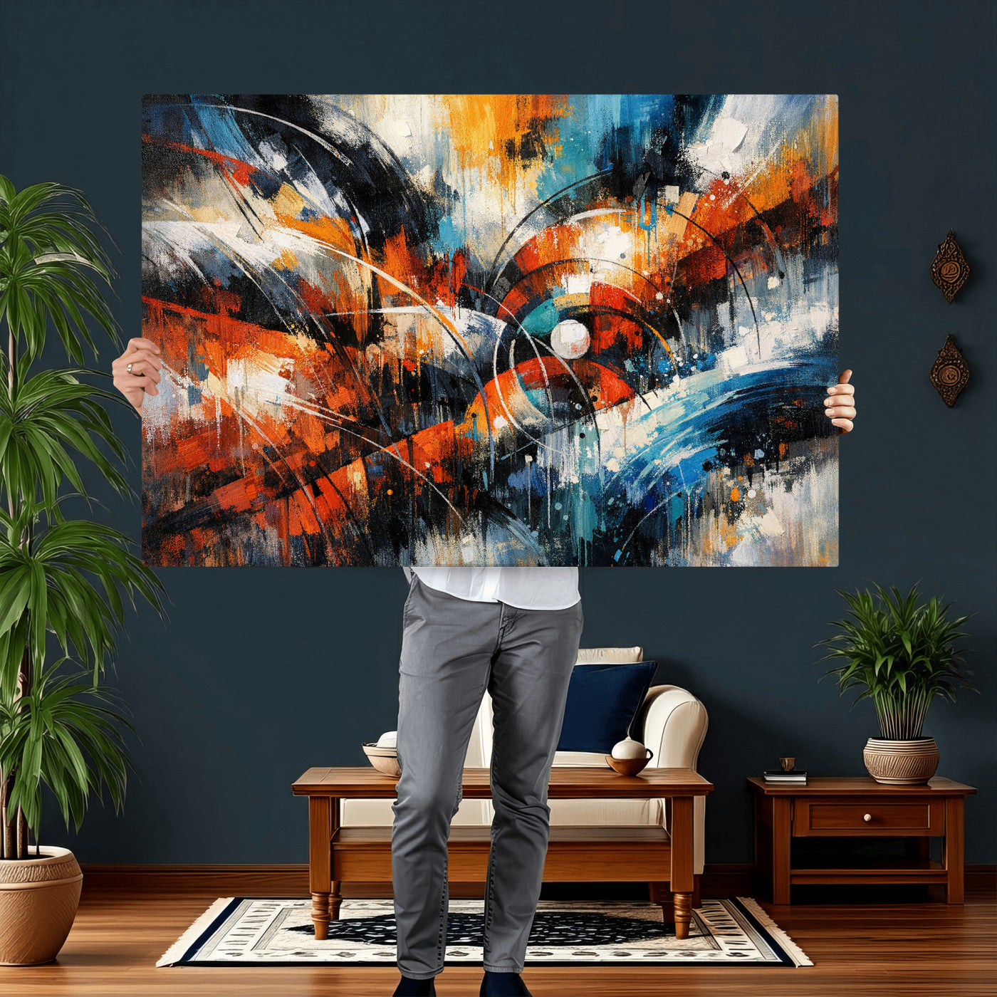 47120691-MGV-CV-36X24 - Geometric Abstract Wall Art Canvas Print, Orange Blue Abstract Expressionist Painting Print, Modern Geometric Abstract Canvas Art