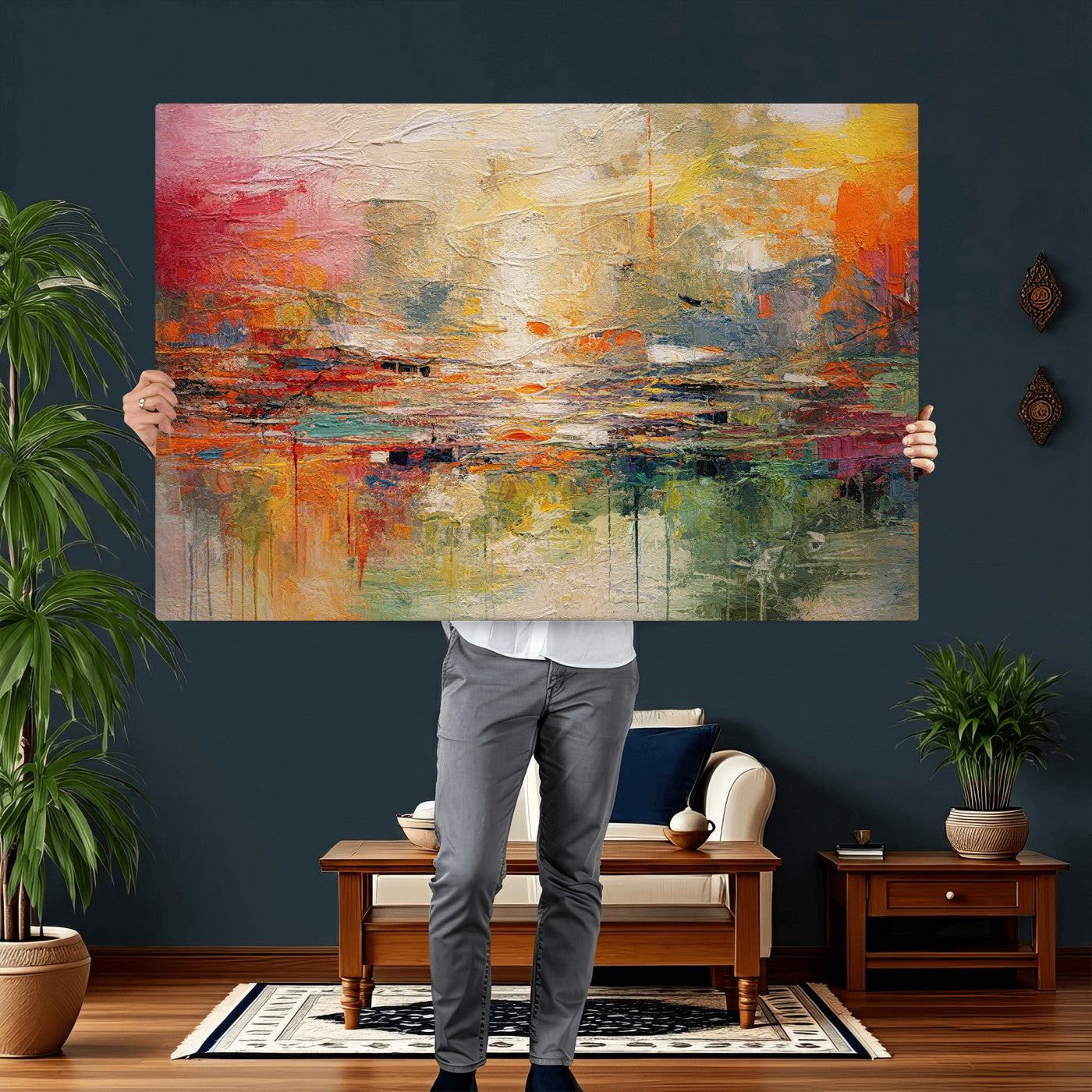 4712069P1-MGV-CV-36X24 - Colorful Abstract Canvas Wall Art — Large Textured Oil Painting Style Print | Orange Red Boho Wall Decor | Modern Living Room Art | Bold Wall Art