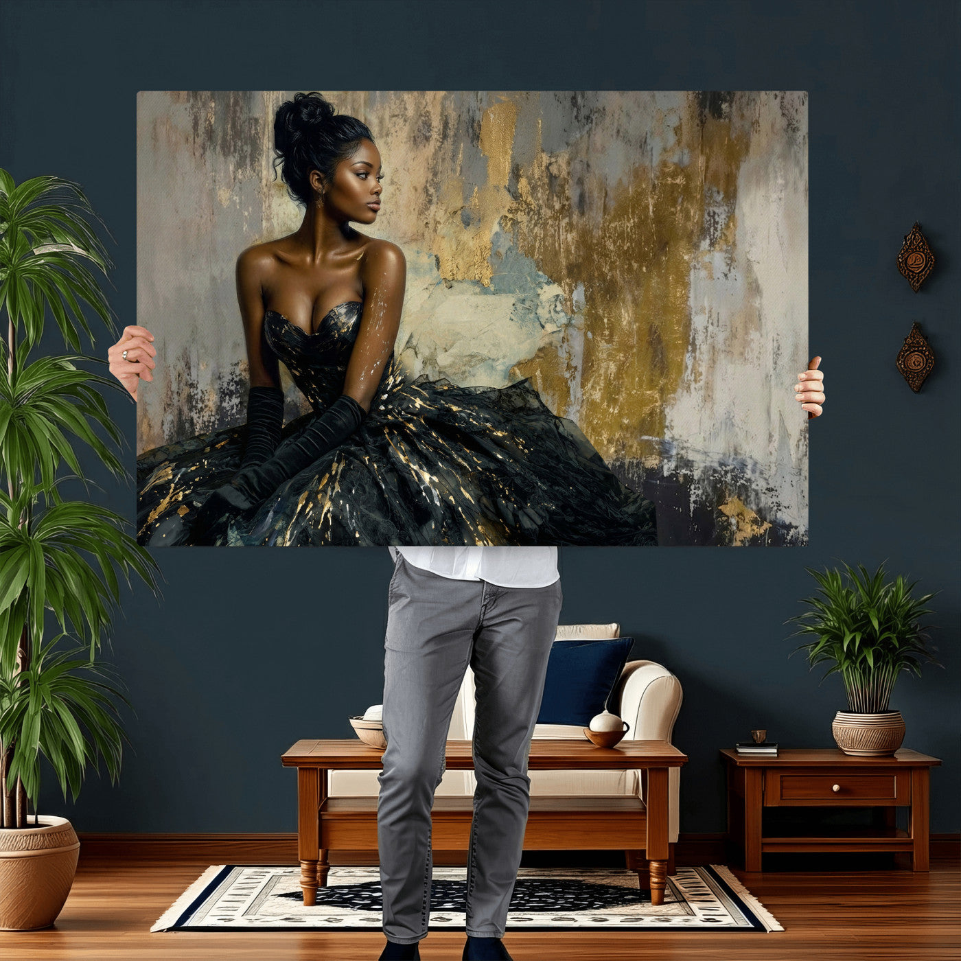 4712069Z1-MGV-CV-36X24 - Elegant Woman Canvas Wall Art — Black Gold Gown Fashion Print | Luxury Glam Wall Decor | African American Art | Bold Bedroom Wall Art Gift