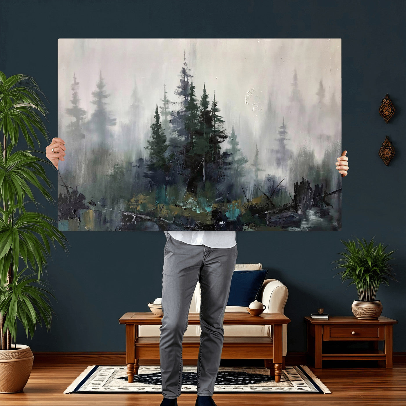 94143325-MGV-CV-36X24 - Misty Pine Forest Oil Painting Canvas — Dark Moody Teal Grey Tree Print | Japandi Scandinavian Wall Art | Minimalist Nature Decor Gift