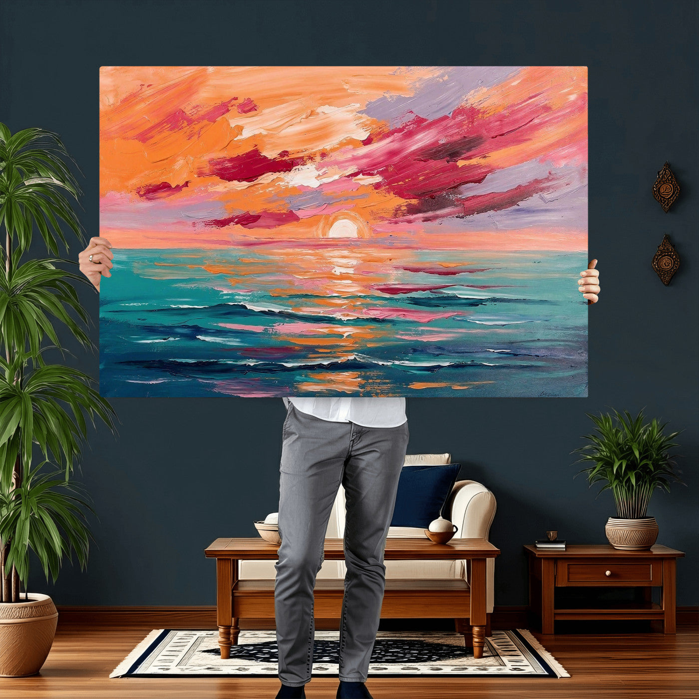26763902-MGV-CV-36X24 - Bold Palette Knife Ocean Sunset Canvas — Orange Pink Teal Expressionist Sea Print | Colorful Coastal Wall Art | Vibrant Beach Decor Gift