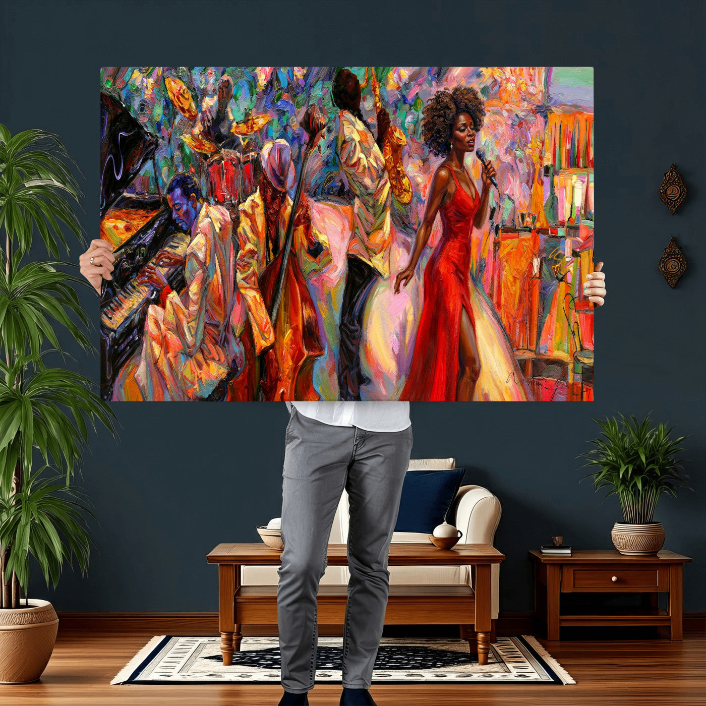 72615137-MGV-CV-36X24 - African American Jazz Singer Canvas Art - Red Dress Black Woman Music Print | Colorful Jazz Band Wall Decor | Living Room Gift for Her