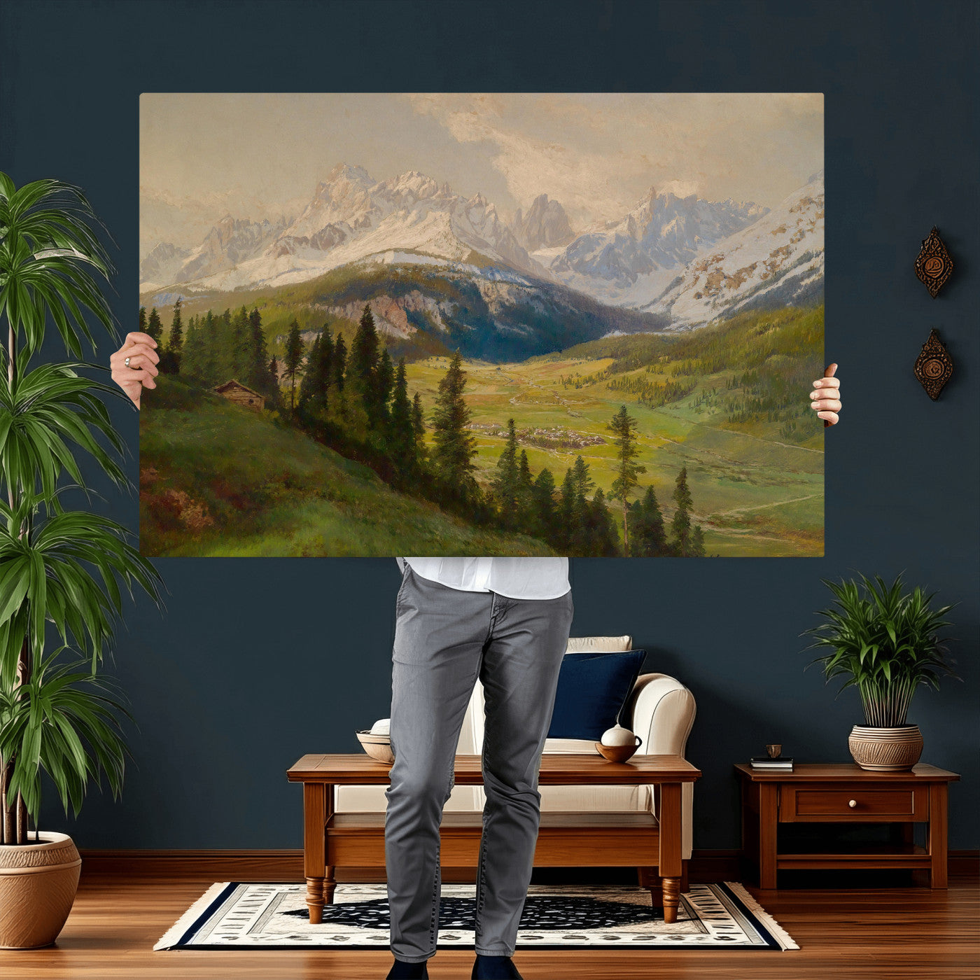 23120262-MGV-CV-36X24 - Konrad Petrides Sexten Village Canvas Print, Alpine Mountain Valley Painting, Dolomites Landscape Art