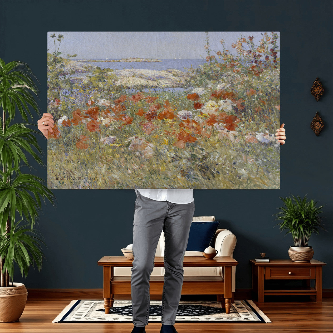 54770907-MGV-CV-36X24 - Childe Hassam Celia Thaxter Garden Canvas — 1890 American Impressionist Poppy Floral Print | Isles of Shoals Coastal Art | Classic Gift