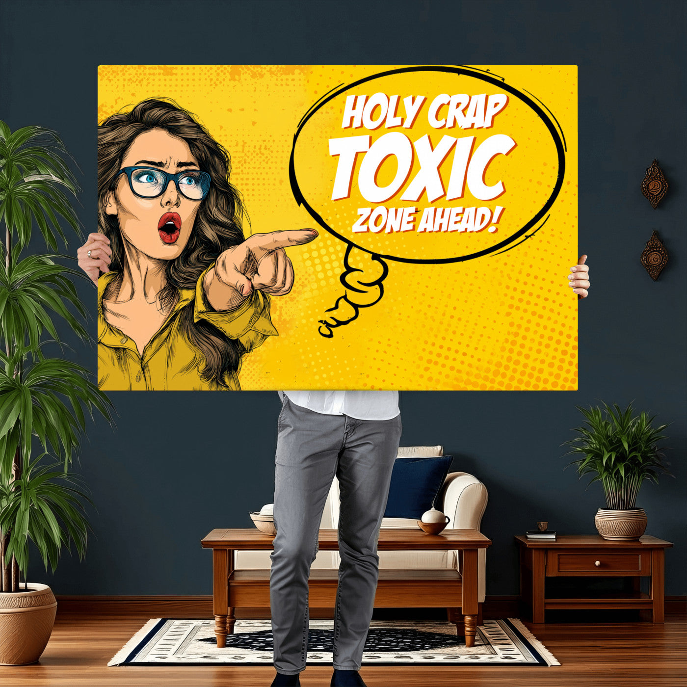 79751885-MGV-CV-36X24 - Pop Art Print Bathroom Sign Wall Art Canvas Print — Funny Bathroom Canvas | Comic Style Toilet Wall Decor | Humor Gift | Yellow Bold Bathroom Art