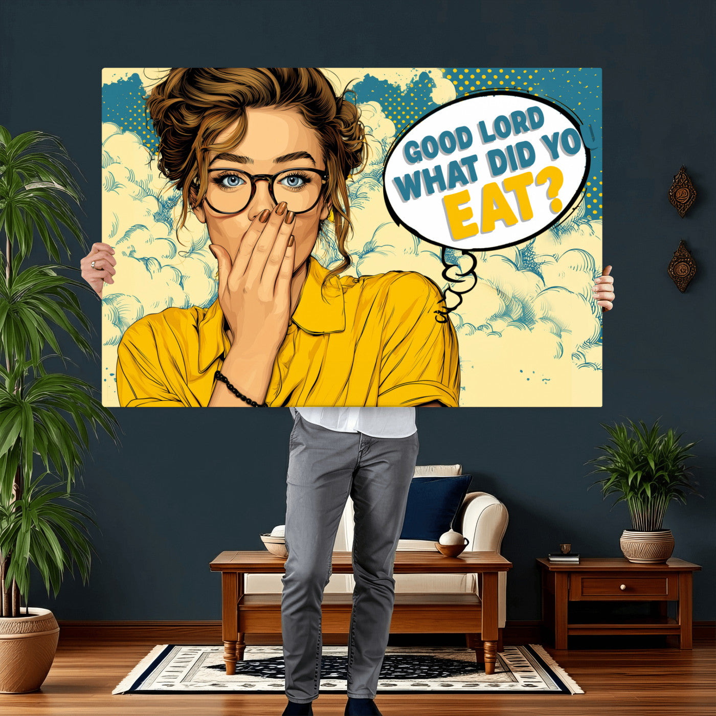 35819669-MGV-CV-36X24 - Pop Art Print Bathroom Sign Wall Art Canvas Print — Funny Bathroom Canvas | Comic Style Toilet Wall Decor | Humor Gift | Yellow Bold Bathroom Art