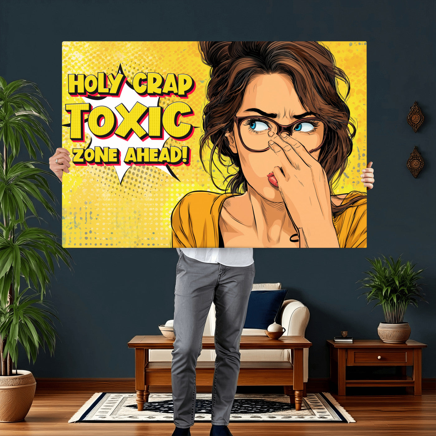 96263876-MGV-CV-36X24 - Pop Art Print Bathroom Sign Wall Art Canvas Print — Funny Bathroom Canvas | Comic Style Toilet Wall Decor | Humor Gift | Yellow Bold Bathroom Art