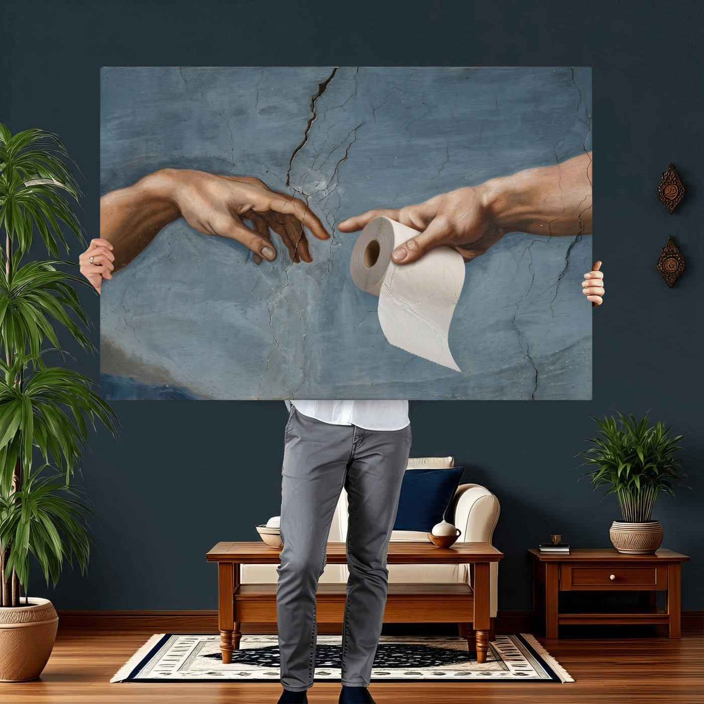 42648143-MGV-CV-36X24 - Funny Bathroom Canvas Wall Art, Michelangelo Creation of Adam Toilet Paper Parody, Renaissance Humor Print, Quirky Housewarming Gift, Toilet Room Decor