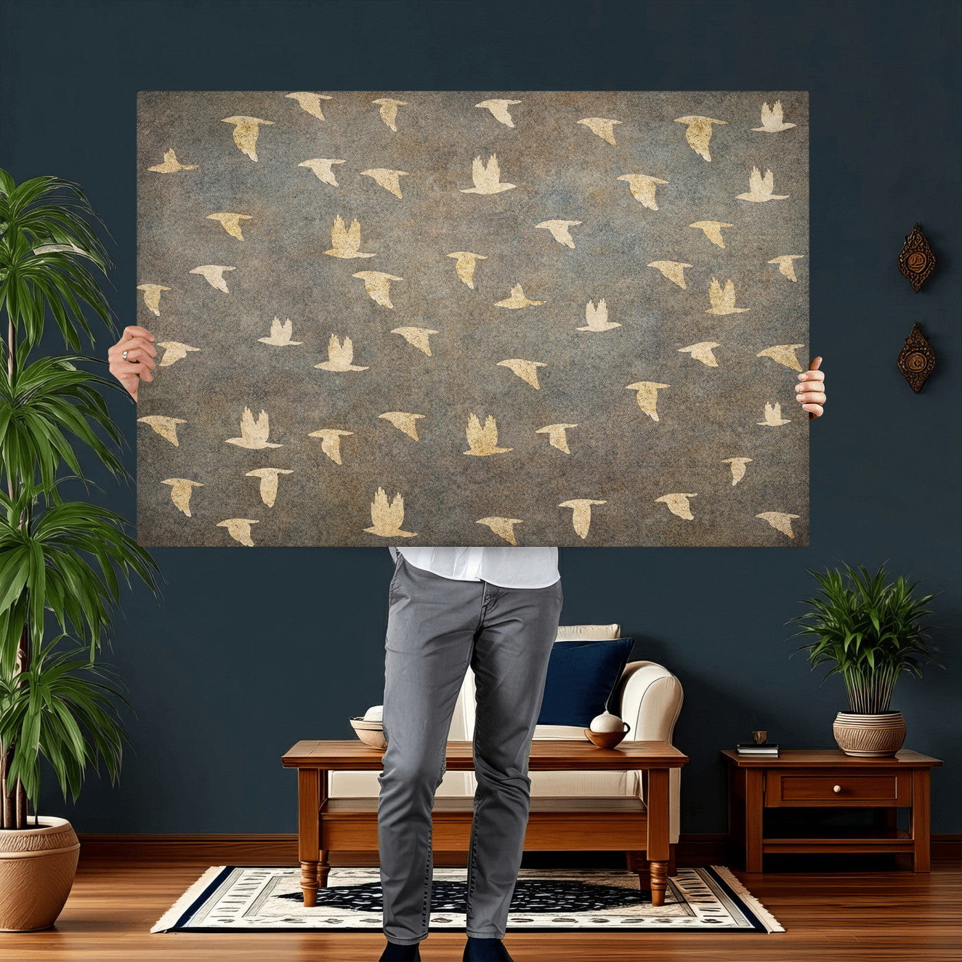 74076164-MGV-CV-36X24 - Flying Birds Canvas Wall Art, Vintage Bird Flock Pattern Print, Grey Gold Abstract Nature Decor, Rustic Bird Silhouette Art, Boho Living Room Decor