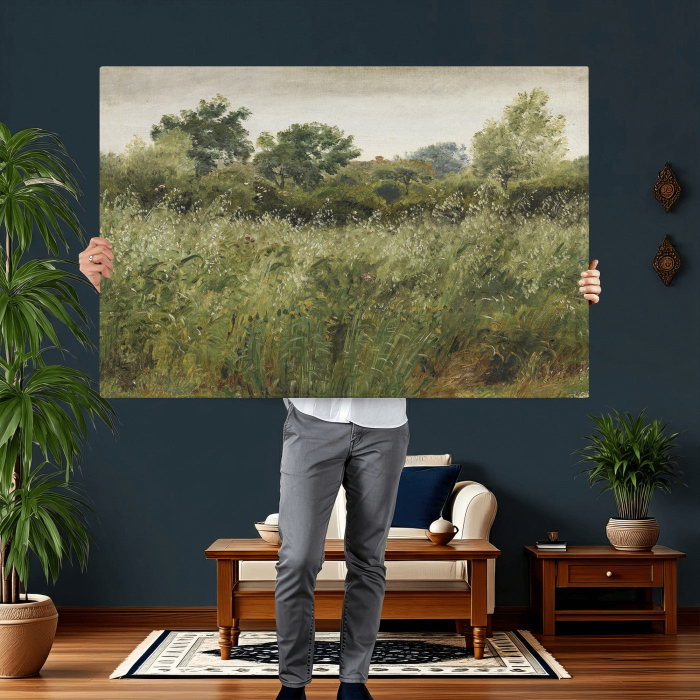 92328261-MGV-CV-36X24 - Wildflower Meadow Canvas Wall Art, Impressionist Overgrown Field Painting Print, Vintage Green Nature Decor, Cottagecore Botanical Art, Living Room Print