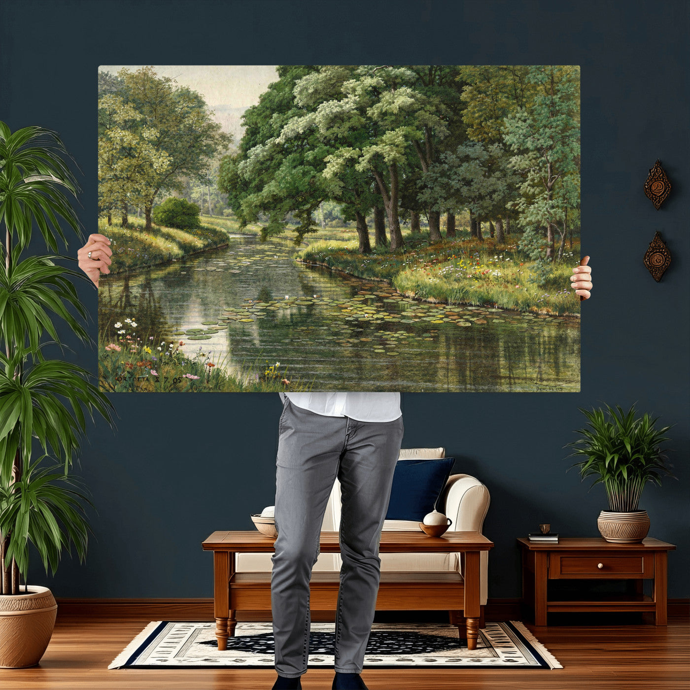 44288560-MGV-CV-36X24 - Forest Stream Canvas Wall Art, Peder Monsted A Forest Stream 1905 Print, Danish Realist Landscape, Lily Pad River Nature Decor, Vintage Green Painting