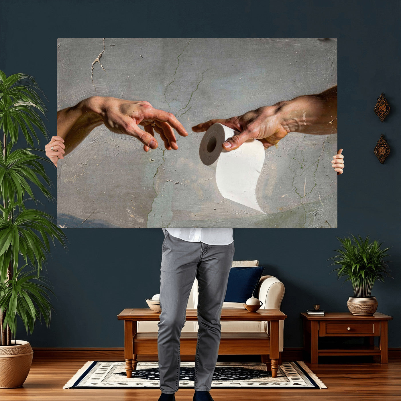 72030048-MGV-CV-36X24 - Funny Bathroom Wall Art Canvas, Creation of Toilet Paper Parody Print, Renaissance Humor Decor, Toilet Room Art, Quirky Housewarming Gift, Classic Art Spoof