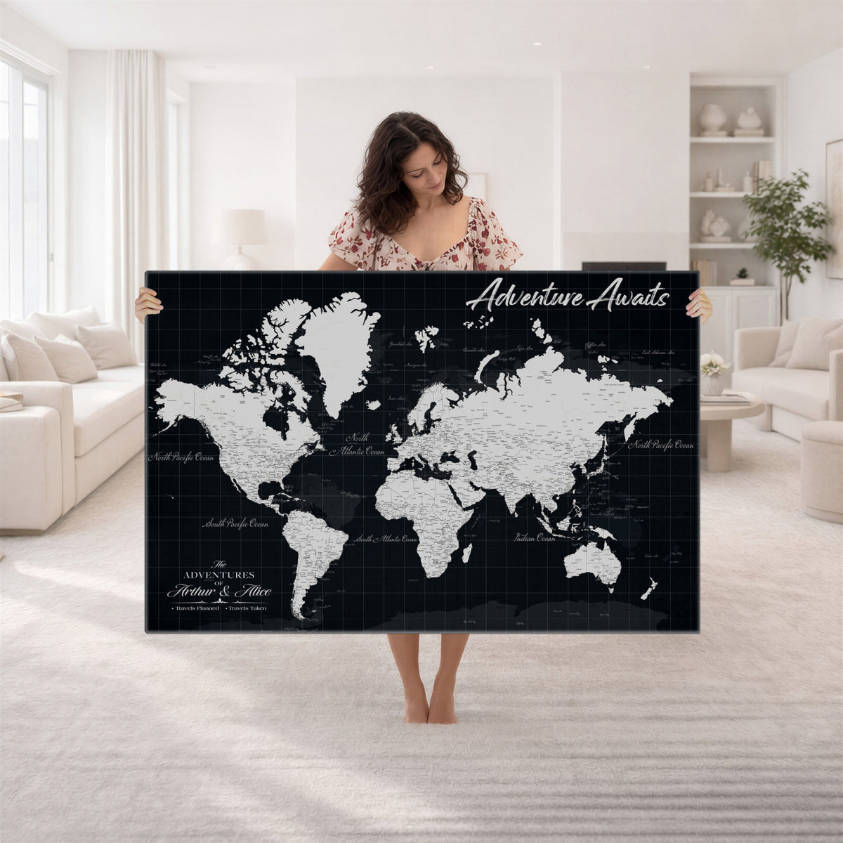 19855445B-MGV-CV-36X24 - Personalized Black Push Pin Travel Map Canvas Print, Couples Countries Visited Map, Entryway and Hallway Decor
