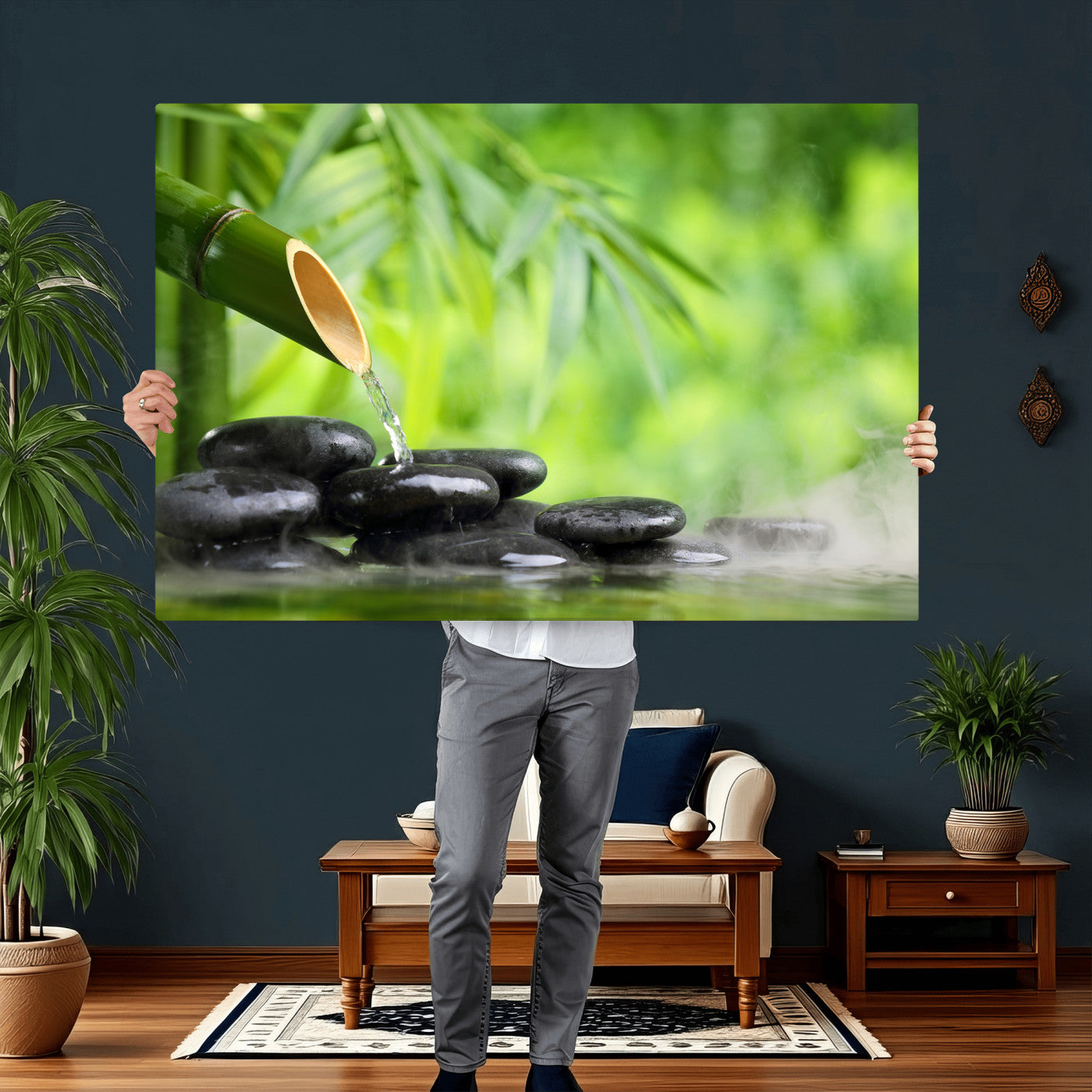26961320-MGV-CV-36X24 - Bamboo Water Flow Black Stone Canvas | Zen Spa Nature Photography Print | Green Mist Japanese Garden Wall Art | Tranquil Decor