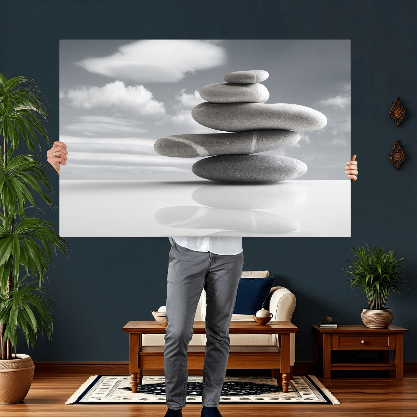 86426188-MGV-CV-36X24 - Zen Stone Wall Art Canvas Print, Balanced Rock Stack Framed Spa Artwork, Minimalist Meditation Decor for Living Room Bedroom Office Bathroom