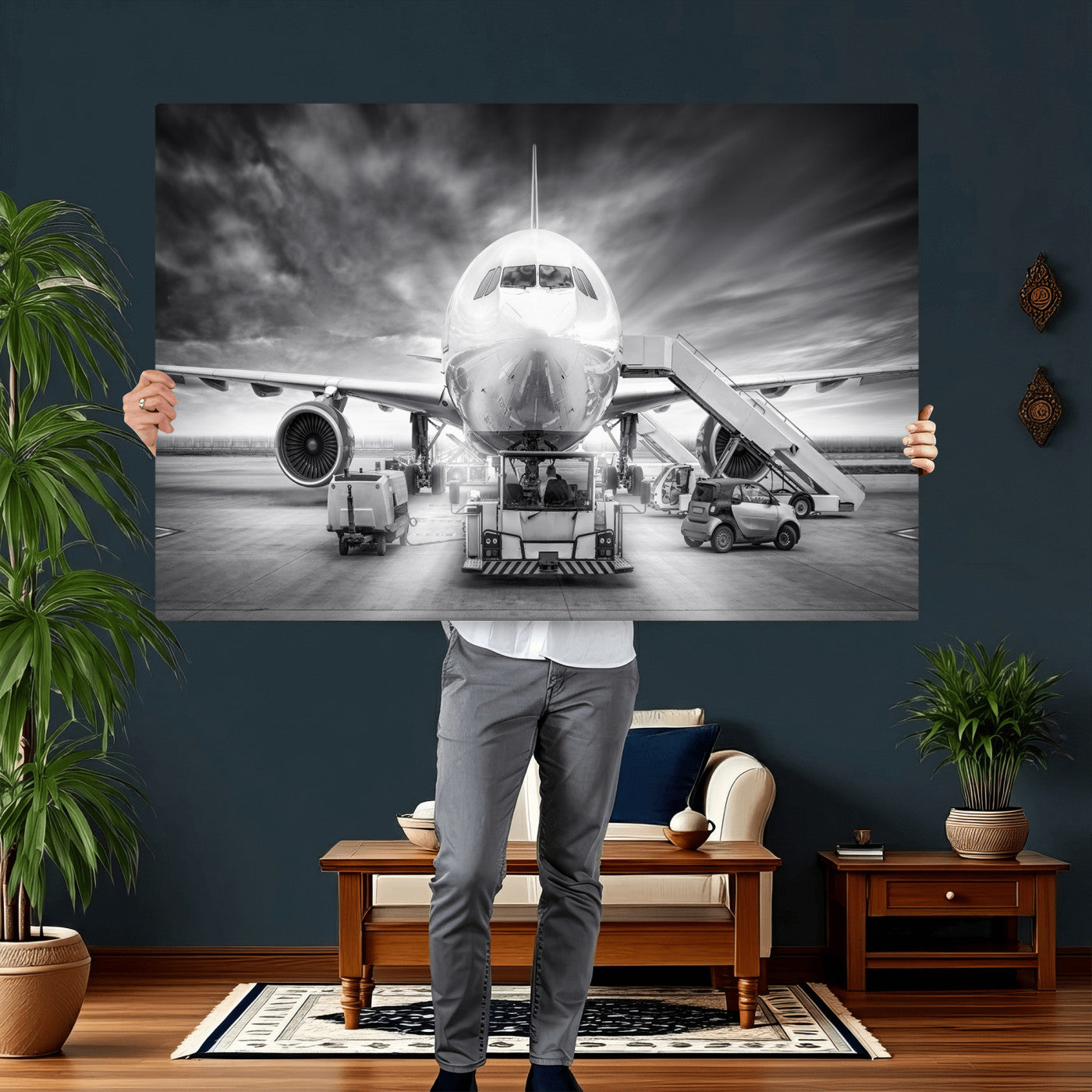 85885848-MGV-CV-36X24 - Airplane Wall Art Canvas Print, Black and White Jet Aircraft Airport Runway Framed Aviation Artwork for Pilot Office Hangar Travel Decor