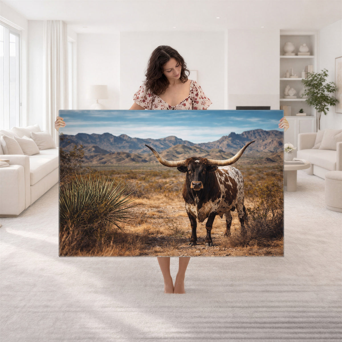 17622011S-MGV-CV-36X24 - Texas Longhorn Bull Wall Art Canvas Print, Western Farmhouse Cowboy Decor, Rustic Texas Ranch Cattle Artwork for Living Room Bedroom Office, Framed Wall Decor
