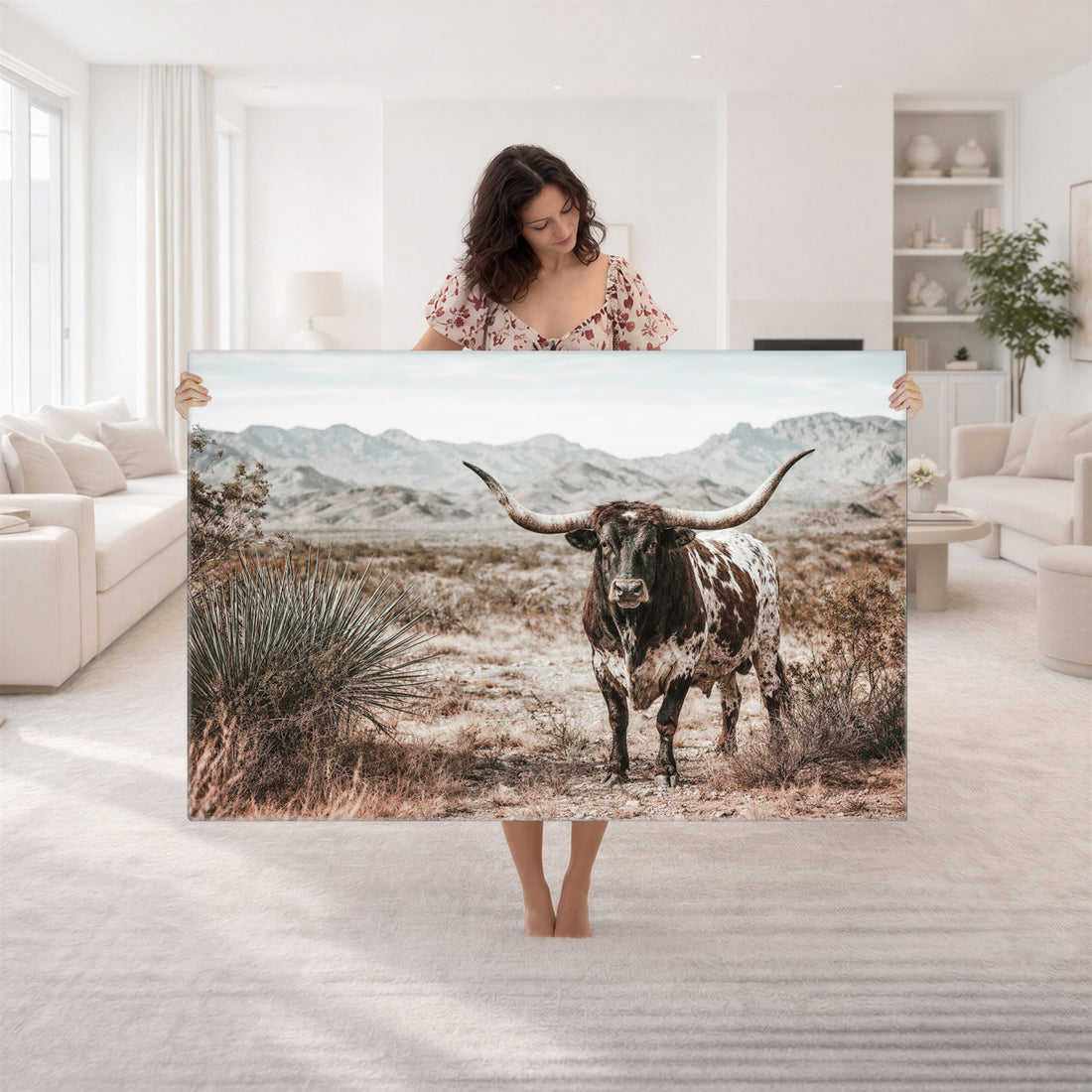 Texas Longhorn Bull Wall Art Canvas Print, Western Farmhouse Decor, Framed and Ready to Hang