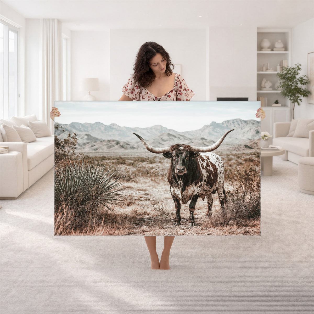17622011H-MGV-CV-36X24 - Texas Longhorn Bull Wall Art Canvas Print, Western Farmhouse Cowboy Decor, Rustic Texas Ranch Cattle Artwork for Living Room Bedroom Office, Framed Wall Decor