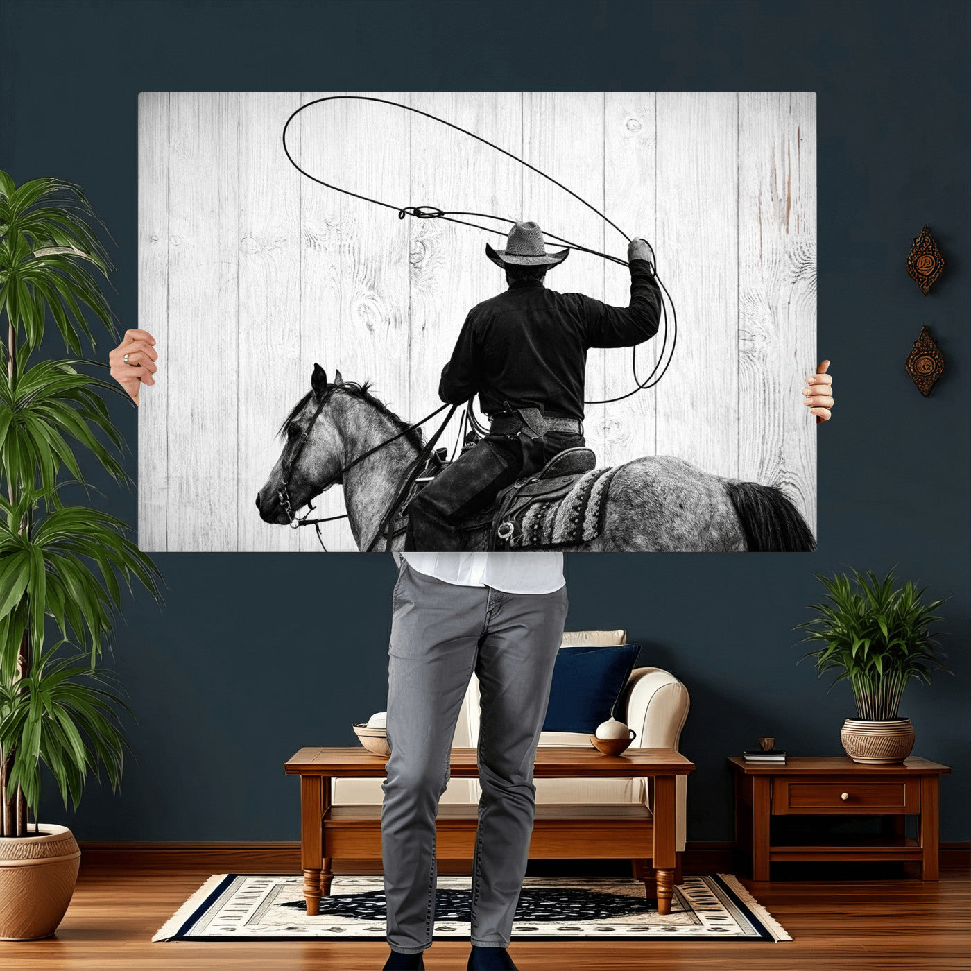22569358-MGV-CV-36X24 - Cowboy Lasso Canvas Wall Art, Black White Western Horse Photo Print, Rustic Ranch Rodeo Decor, Farmhouse Western Art, Cowboy Gift for Him