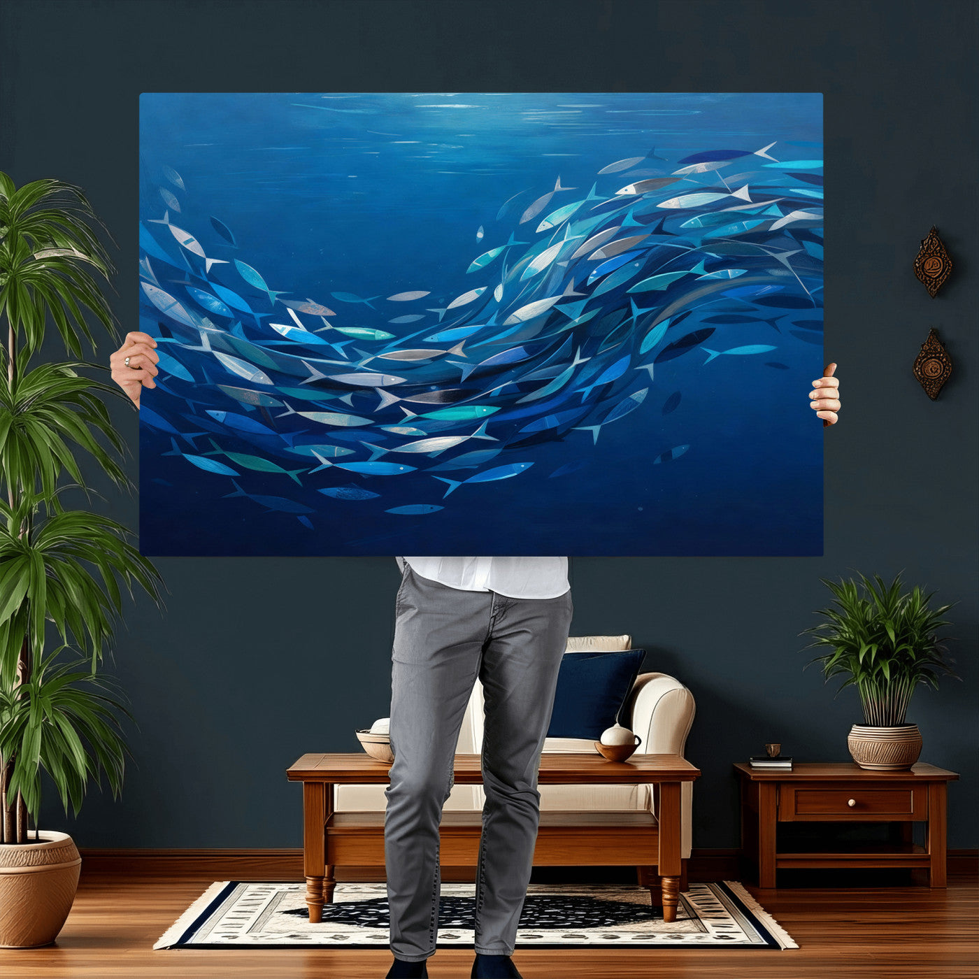 74325132-MGV-CV-36X24 - School of Fish Canvas Print | Blue Ocean Underwater Wall Art | Swirling Fish Shoal Illustration | Marine Navy Coastal Decor