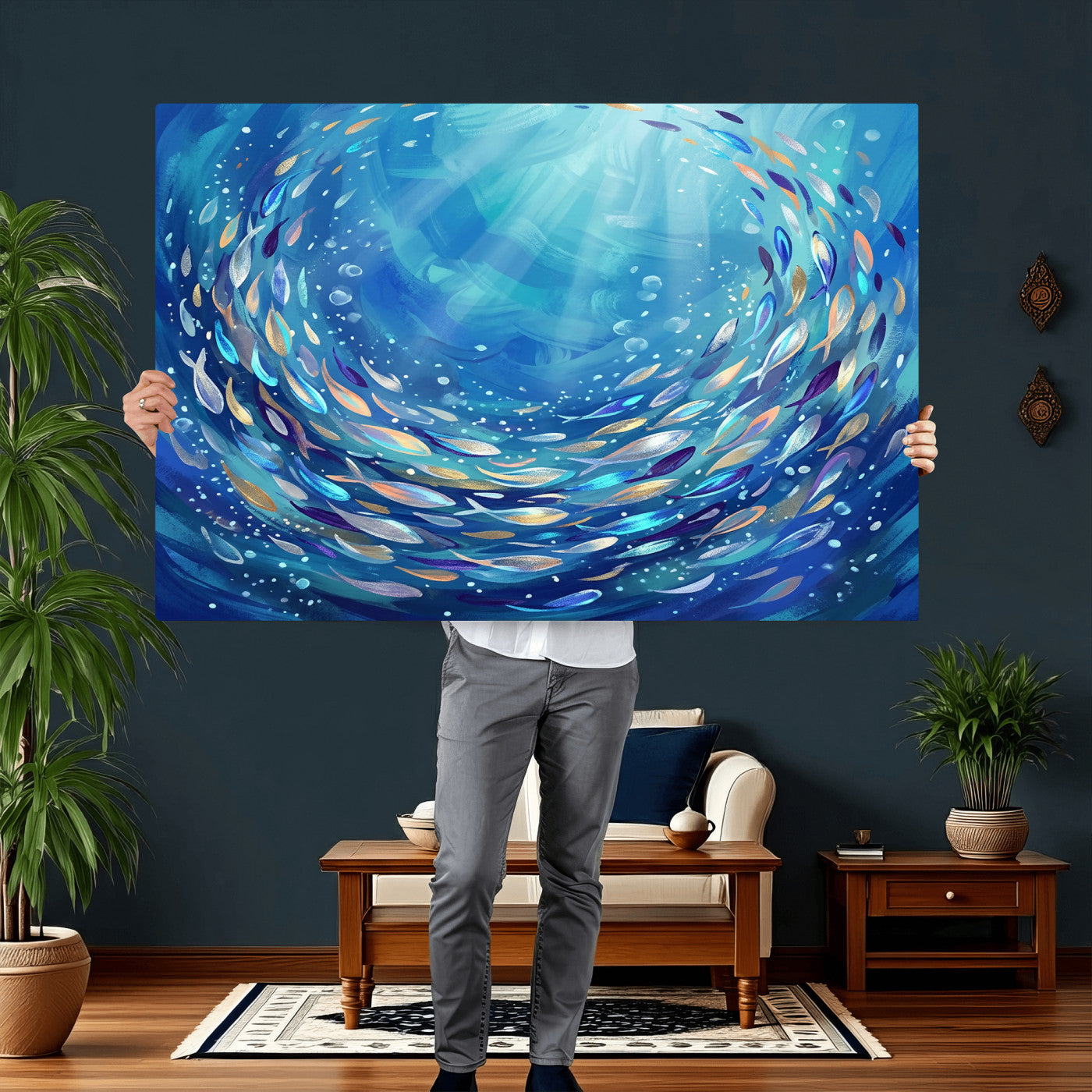 78699899-MGV-CV-36X24 - School of Fish Canvas Print | Blue Ocean Underwater Wall Art | Swirling Fish Shoal Illustration | Marine Navy Coastal Decor