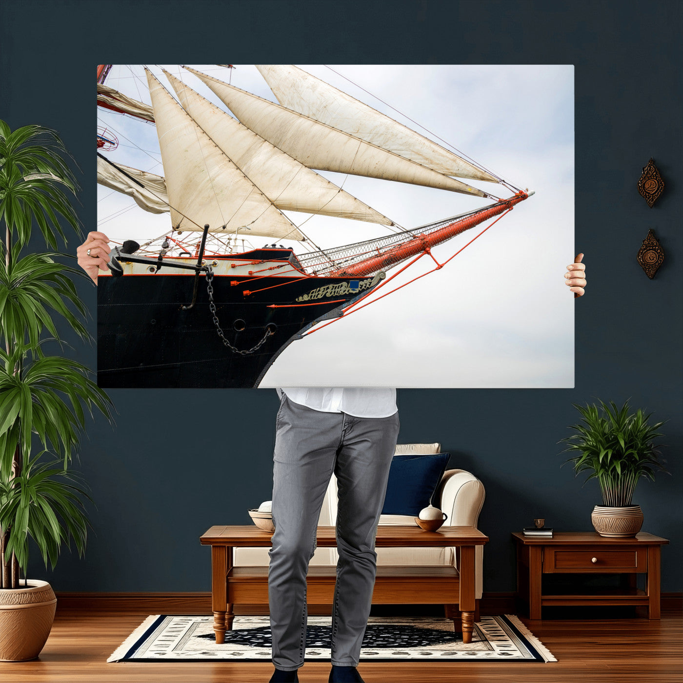 64830036-MGV-CV-36X24 - Sailboat Wall Art Canvas Print, Vintage Ship Bow Framed Artwork, Nautical Sailing Decor for Living Room Office Beach House