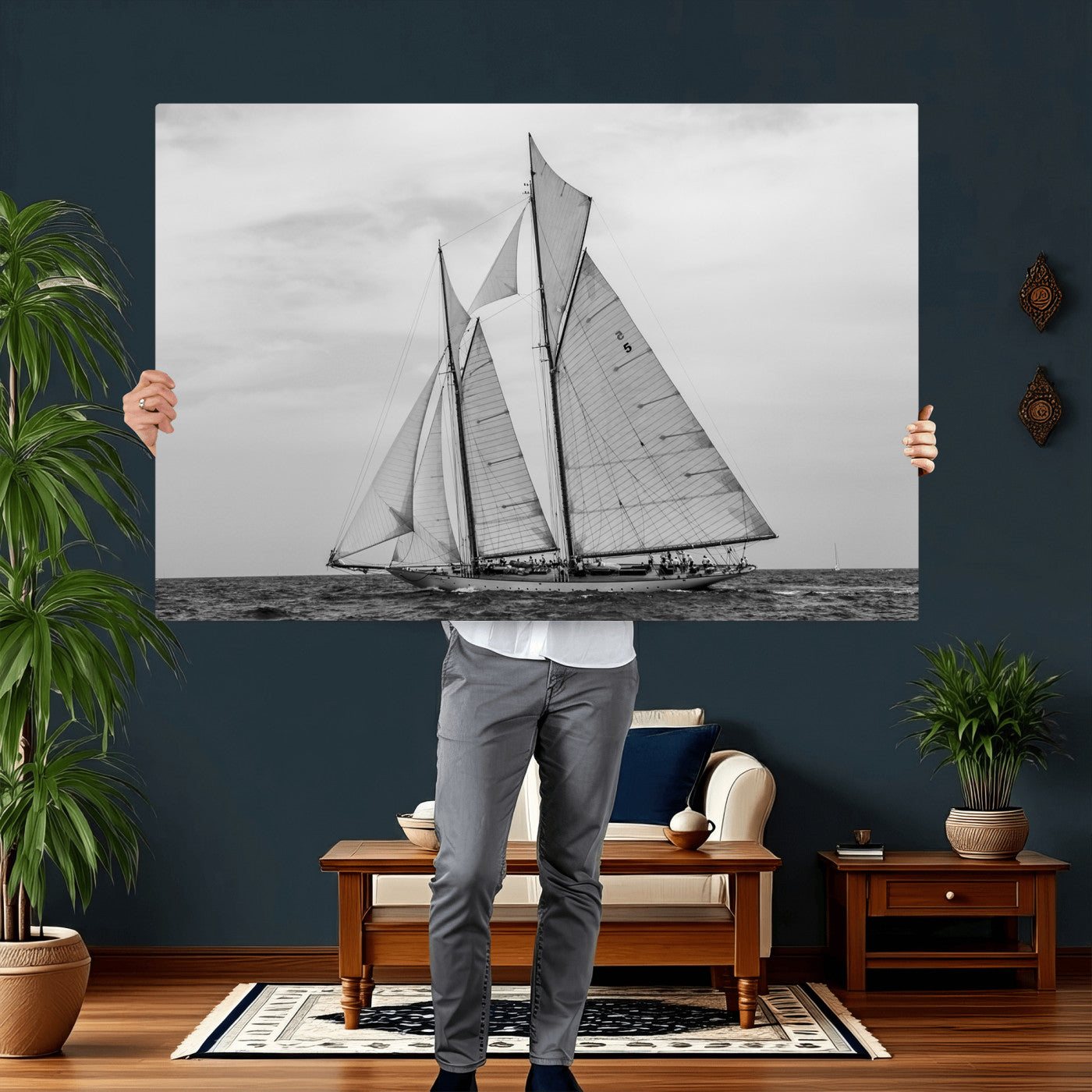 52882918-MGV-CV-36X24 - Vintage Sailboat Wall Art Canvas Print, Black and White Schooner Framed Artwork, Nautical Ocean Sailing Decor for Living Room Office Beach House
