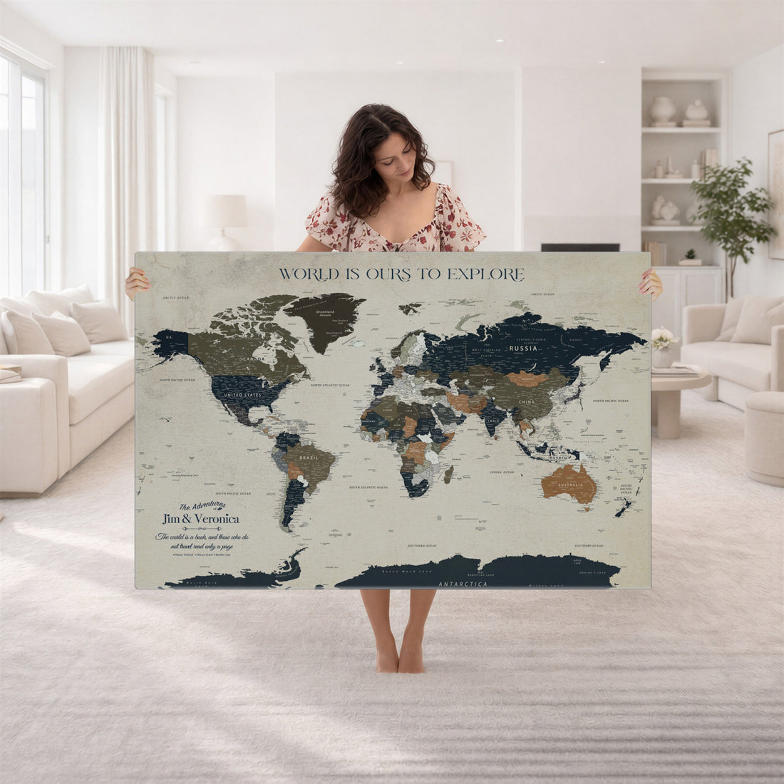 Custom Push Pin World Map Wall Art Canvas Print | Personalized Travel Tracker