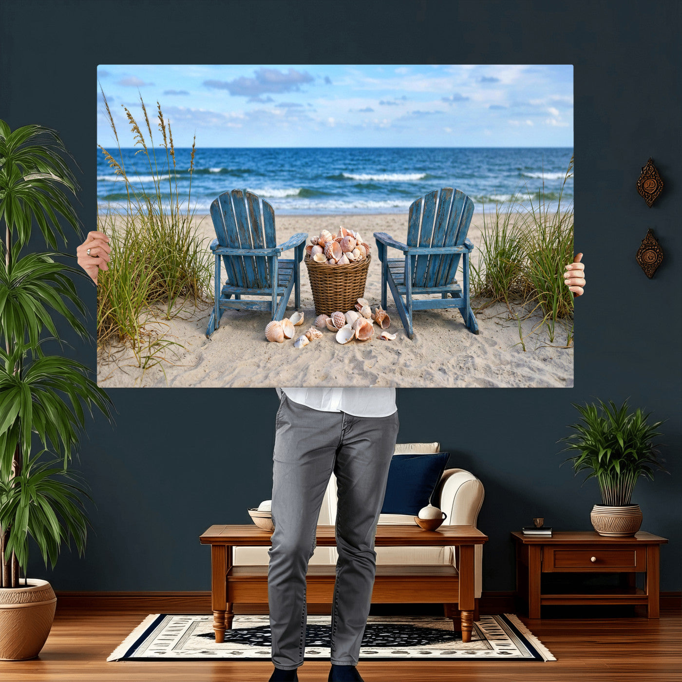 80268829-MGV-CV-36X24 - Large Beach Canvas Wall Art Coastal Adirondack Chairs Ocean Seashells Blue Nautical Framed Large for Living Room Bedroom Bathroom Decor