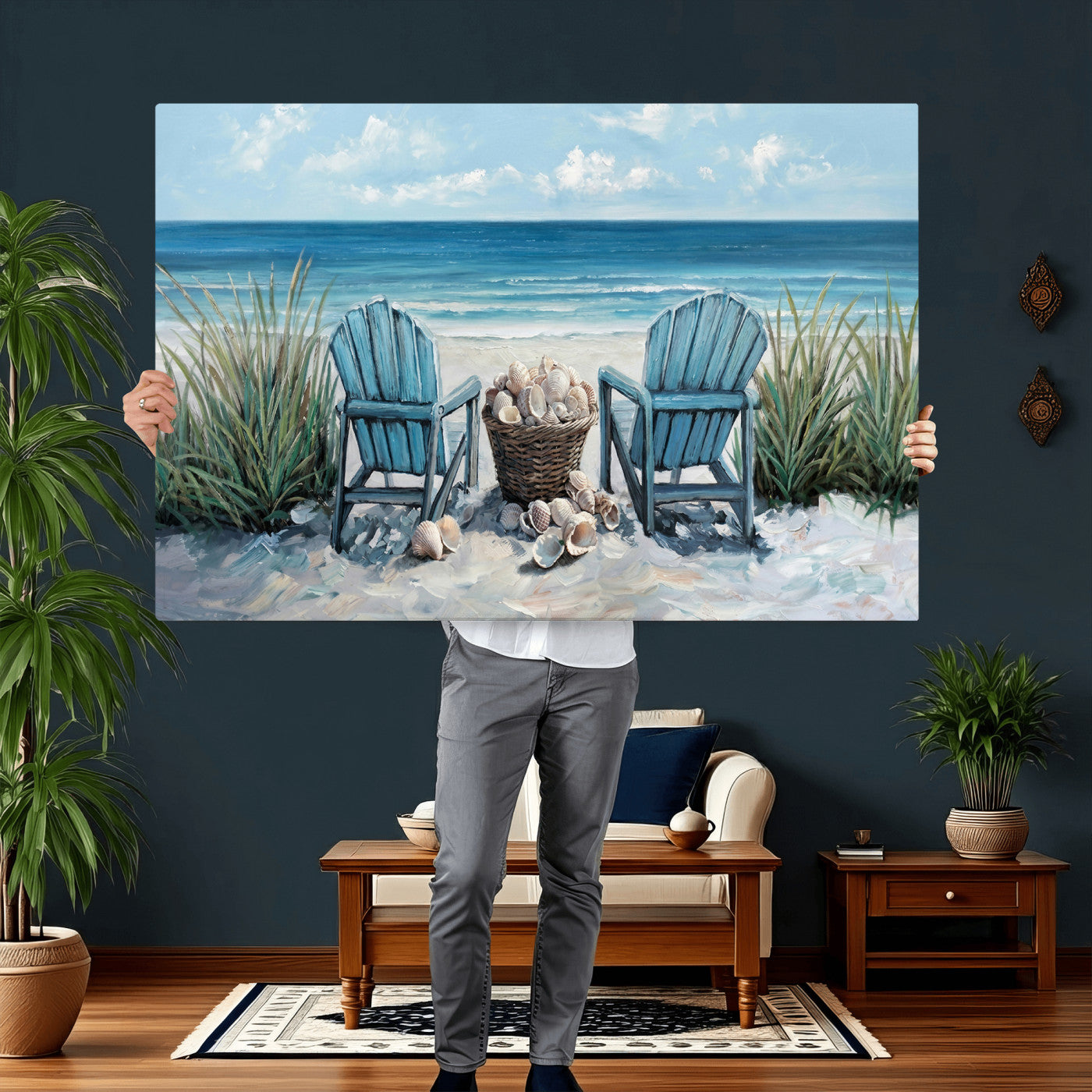 11973028-MGV-CV-36X24 - Beach Canvas Wall Art Coastal Adirondack Chairs Ocean Seashells Blue Nautical Framed Large for Living Room Bedroom Bathroom Decor