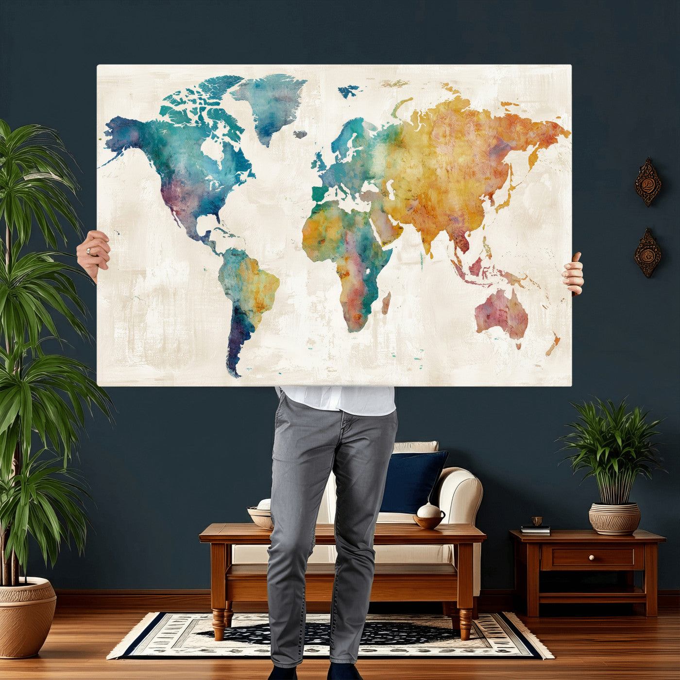 56556018-MGV-CV-36X24 - Watercolor World Map Canvas Wall Art Print – Abstract Colorful Travel Wall Decor