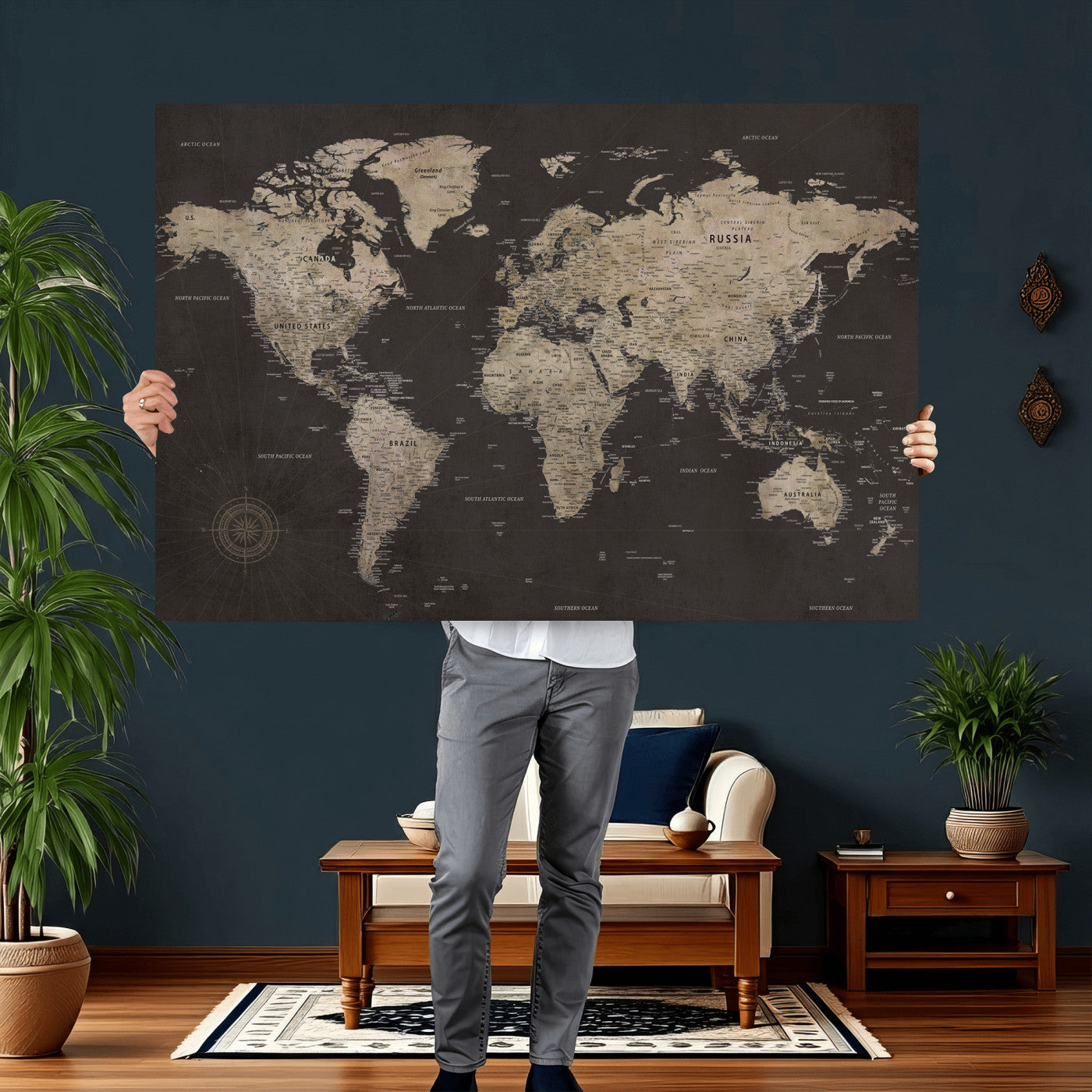 56556018136-MGV-CV-36X24 - World Map Canvas Wall Art Dark Charcoal Antique Tan Detailed Every Country Labeled Framed Large for Home Office Living Room Bedroom Decor