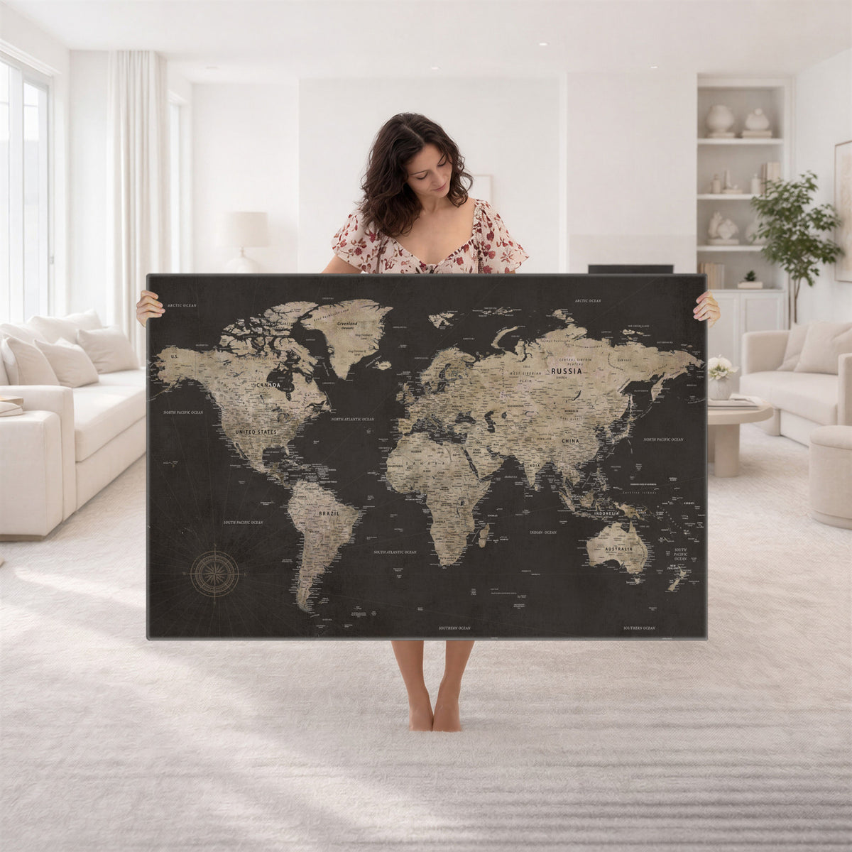 56556018136-MGV-CV-36X24 - World Map Canvas Wall Art, Dark Charcoal and Antique Tan Detailed Map