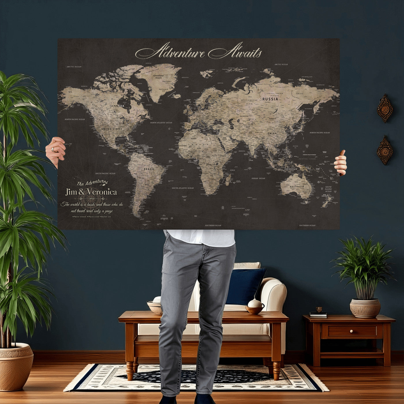 56556018136C-MGV-CV-36X24 - Custom World Map with Pins Canvas Wall Art Dark Charcoal Antique Tan Detailed Every Country Labeled Framed Large for Home Office Living Room Bedroom Decor