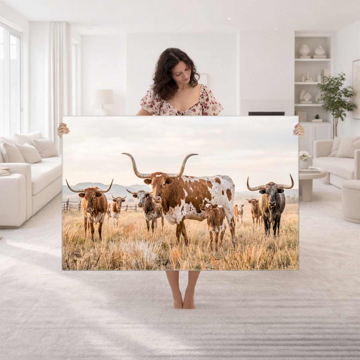 62336425AC-MGV-CV-36X24 - Texas Longhorn Canvas Wall Art, Rustic Farm Animal Photography Print, Farmhouse Country Decor, Western Ranch Art