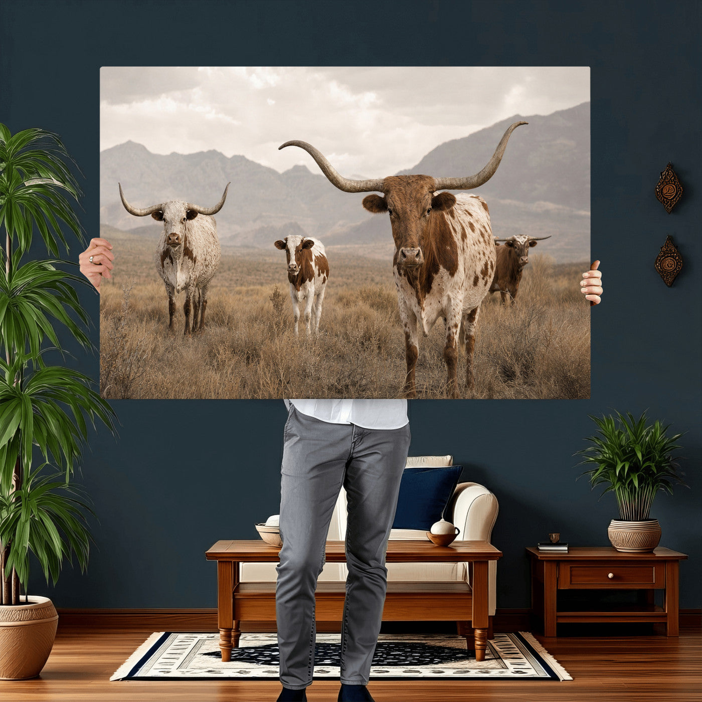 62336425AD-MGV-CV-36X24 - Rustic Texas Longhorn Cow Canvas Wall Art Print, Rustic Farm Animal Photography Print, Farmhouse Country Decor, Western Ranch Art