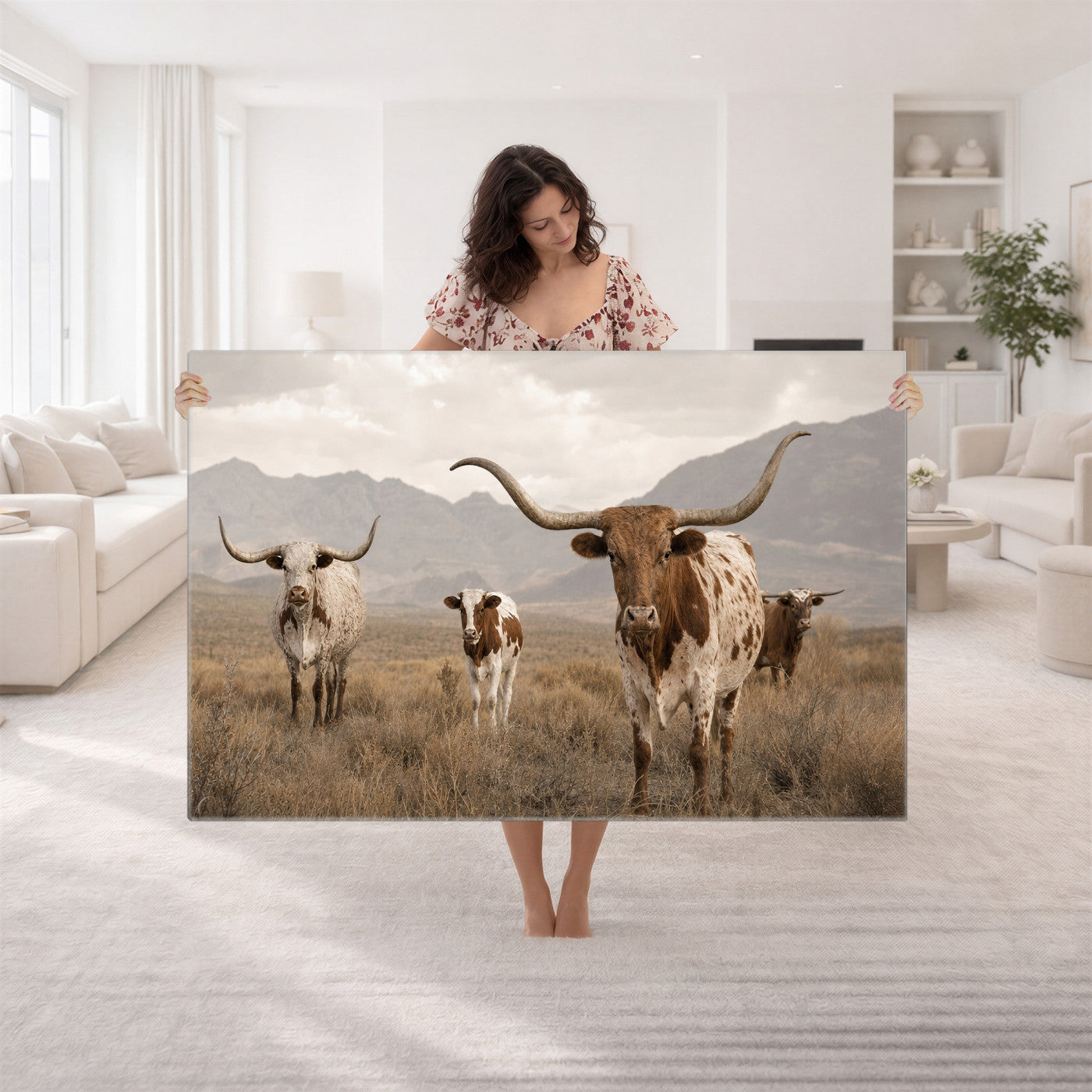 62336425AD-MGV-CV-36X24 - Rustic Texas Longhorn Cow Canvas Wall Art Print, Rustic Farm Animal Photography Print, Farmhouse Country Decor, Western Ranch Art