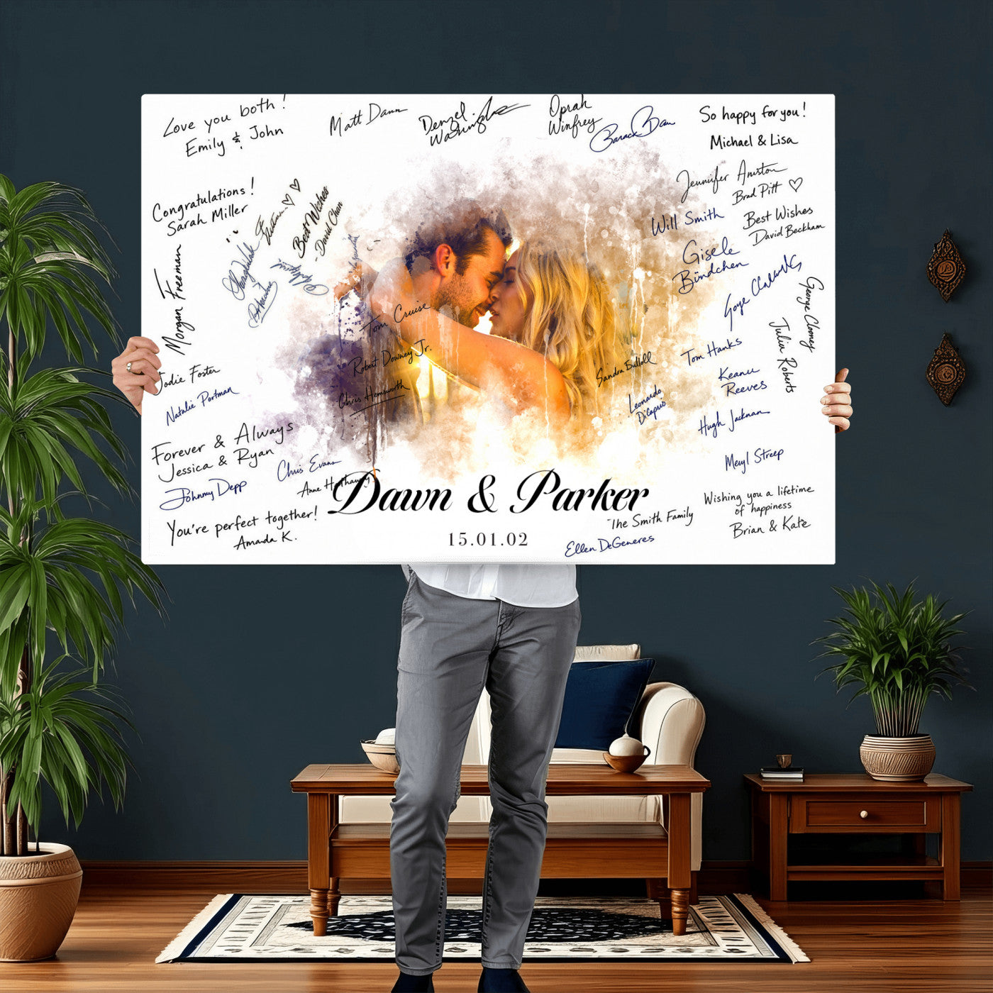 74713307-MGV-CV-36X24 - Wedding Guest Book Alternative Wall Art Canvas Print, Personalized Wedding Signature Poster, Custom Couple Photo Guestbook Canvas, Bridal Shower Reception Decor
