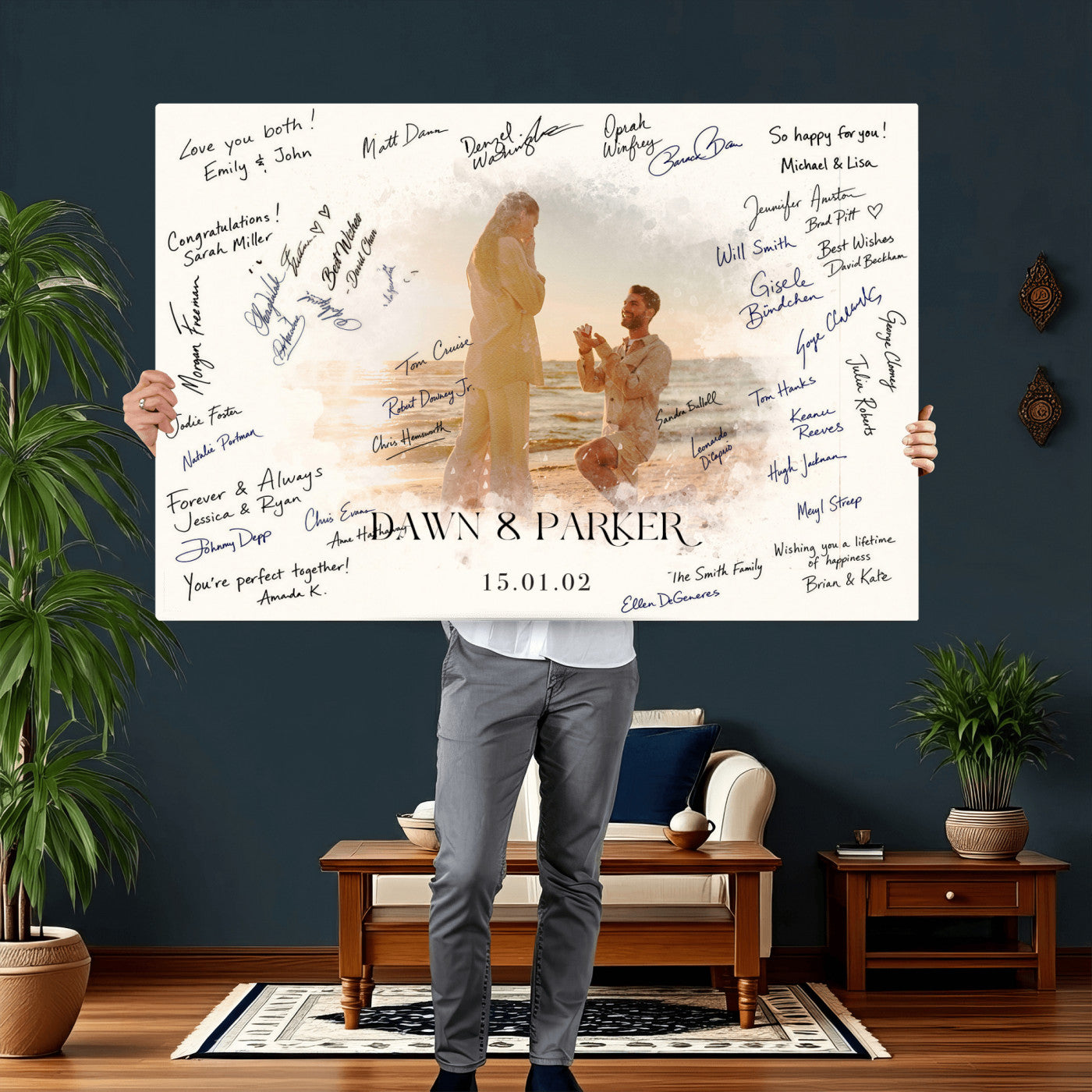 15696596-MGV-CV-36X24 - Wedding Guest Book Alternative Wall Art Canvas Print, Personalized Wedding Signature Poster, Custom Couple Photo Guestbook Canvas, Bridal Shower Reception Decor
