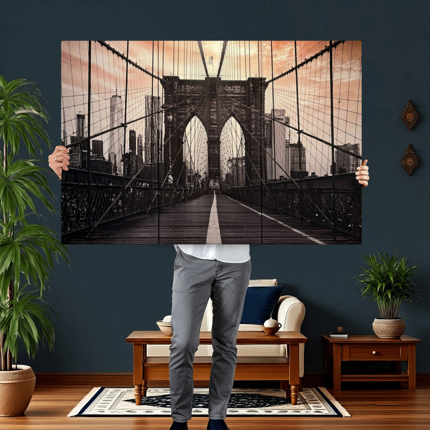 93226664-MGV-CV-36X24 - Brooklyn Bridge Canvas Wall Art, New York City Skyline Photography Print, NYC Landmark Urban Decor Artwork