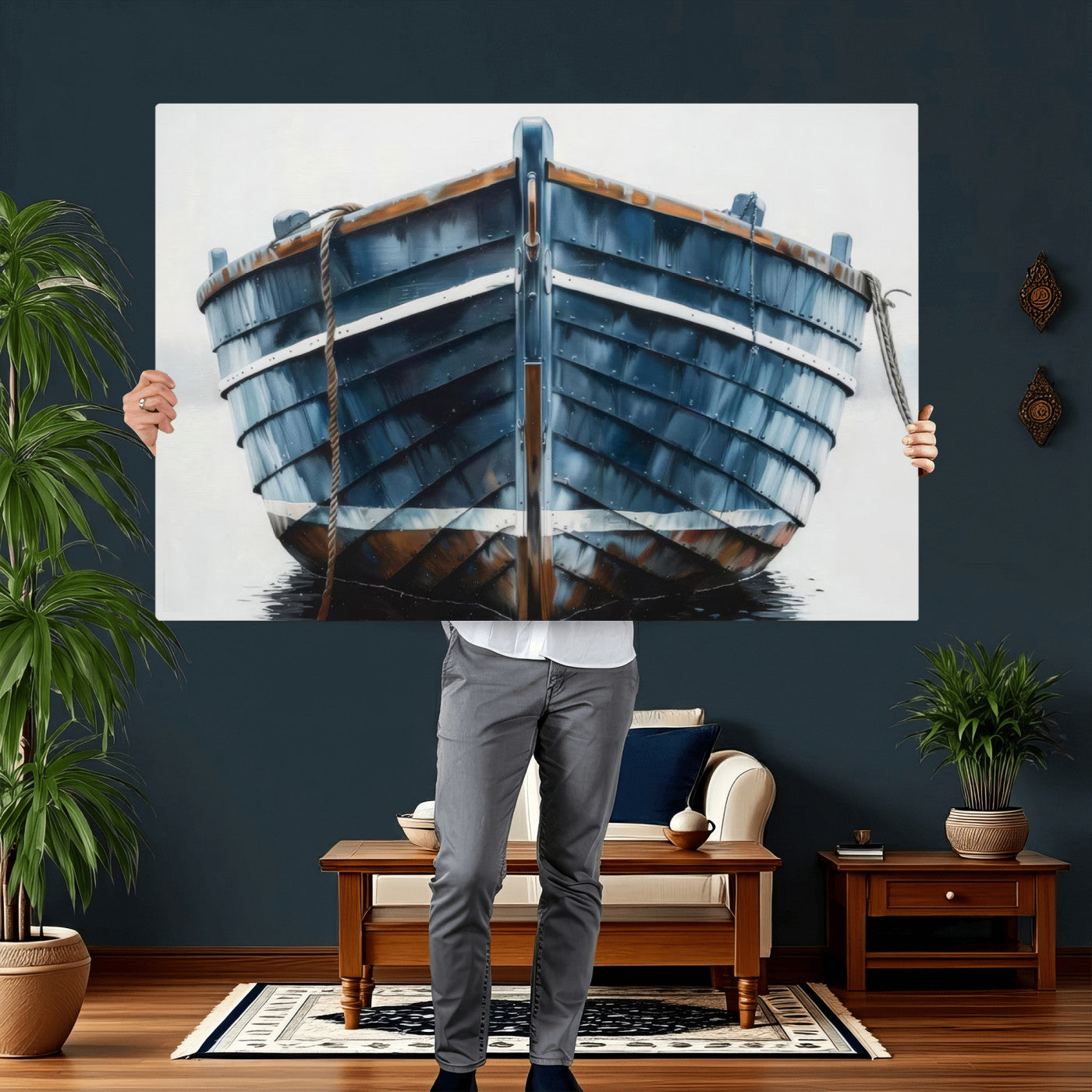 21601740-MGV-CV-36X24 - Blue Wooden Rowboat Canvas Wall Art, Coastal Nautical Boat Painting Print for Lake Beach House Decor, Minimalist Maritime Decor Artwork