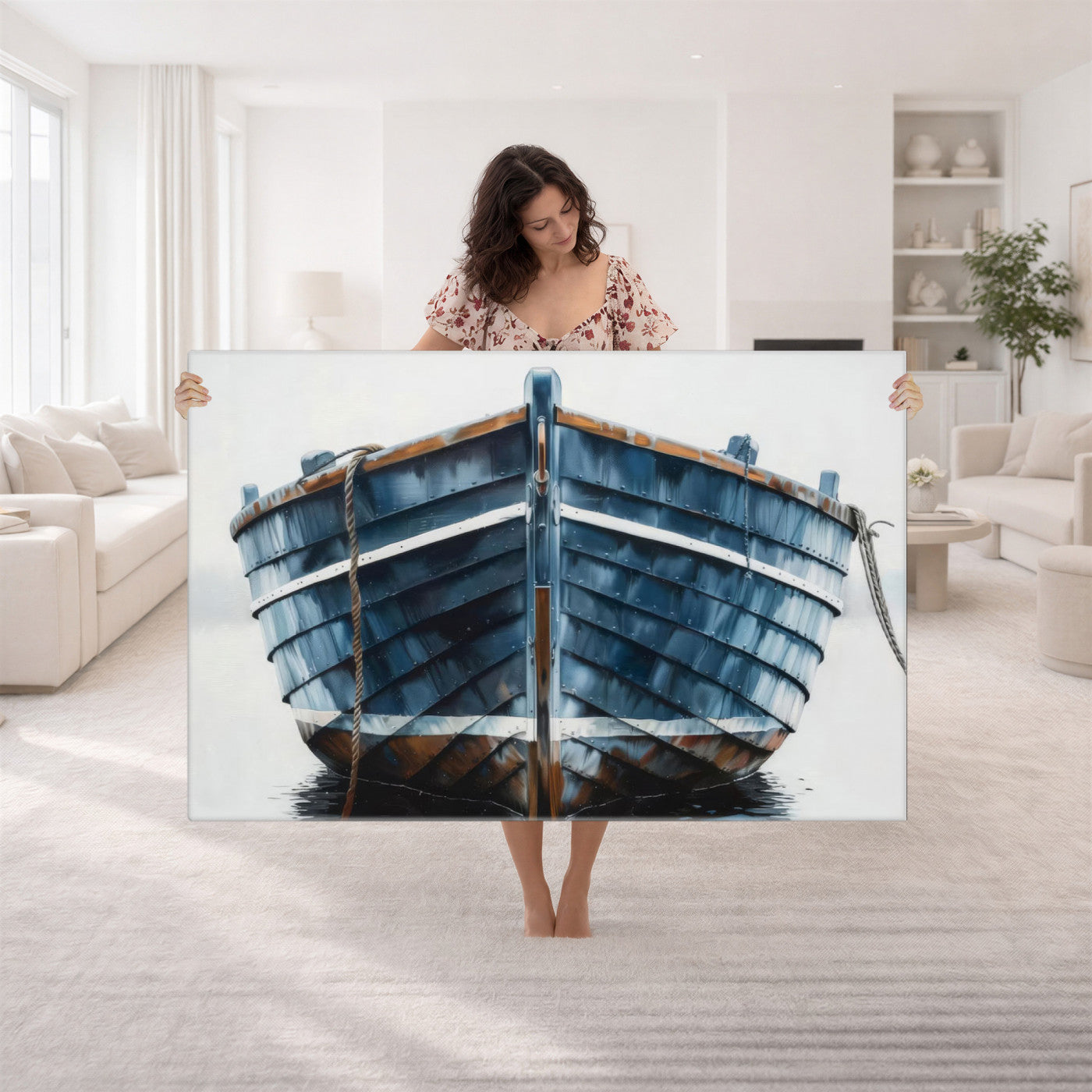 21601740-MGV-CV-36X24 - Blue Wooden Rowboat Canvas Wall Art, Coastal Nautical Boat Painting Print for Lake Beach House Decor, Minimalist Maritime Decor Artwork